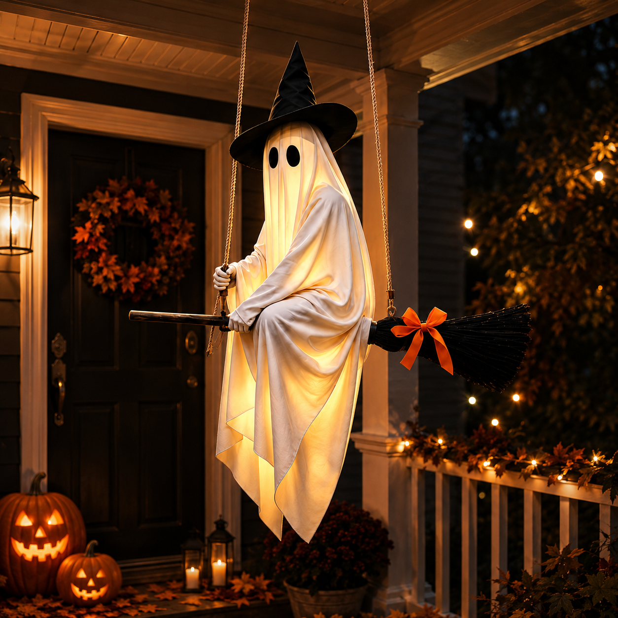 Light-Up Ghost Witch on Broom Halloween Hanging Decoration, Glowing Fabric Ghost Witch with Hat & Orange Bow, Floating Halloween Porch Decor for Indoor, Covered Patio, Party & Trick-or-Treat Display