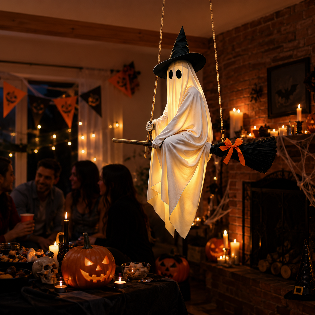 Light-Up Ghost Witch on Broom Halloween Hanging Decoration, Glowing Fabric Ghost Witch with Hat & Orange Bow, Floating Halloween Porch Decor for Indoor, Covered Patio, Party & Trick-or-Treat Display