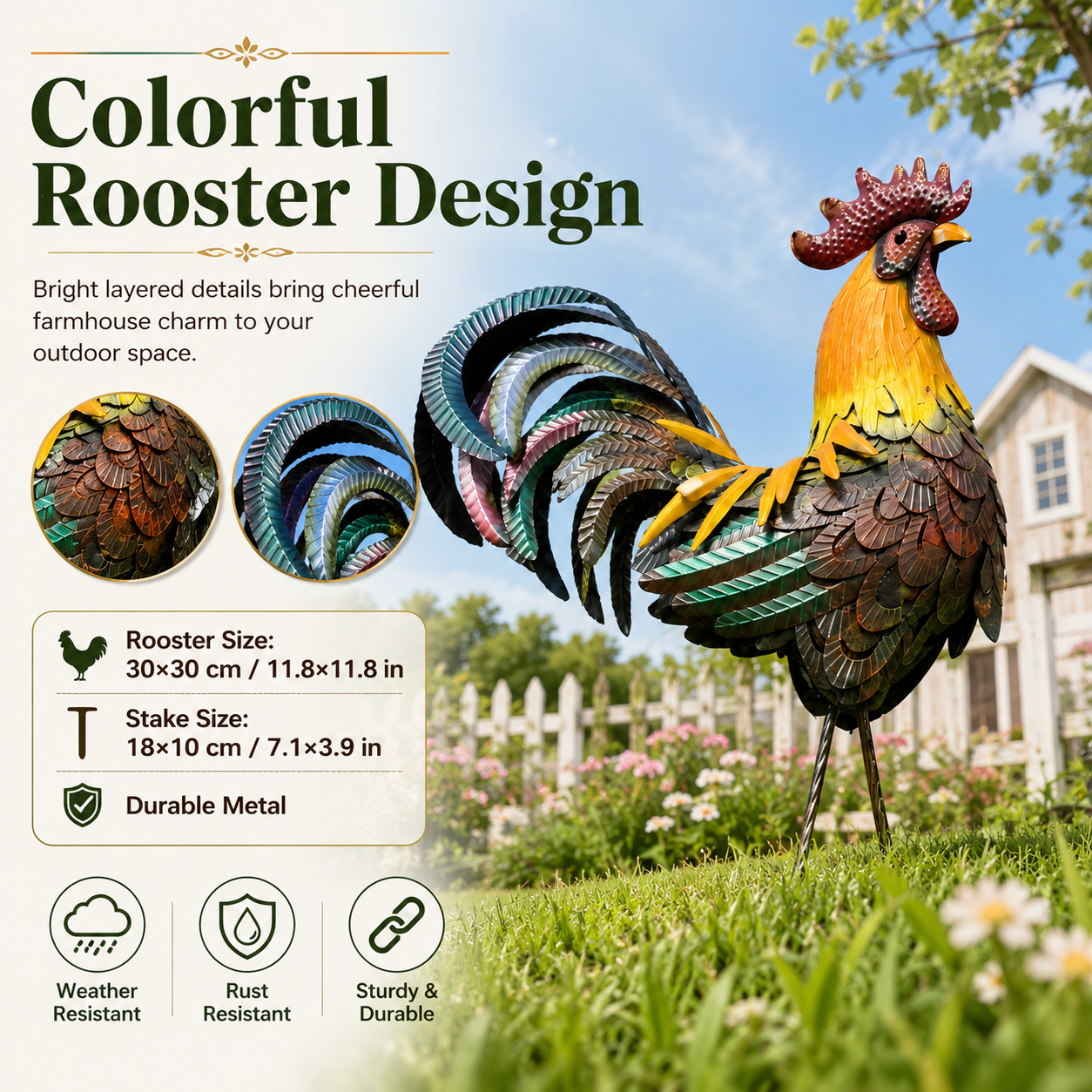 Metal Rooster Garden Stake, Colorful Iron Chicken Yard Decor for Lawn, Patio, Backyard, Flower Bed & Farmhouse Outdoor Decoration