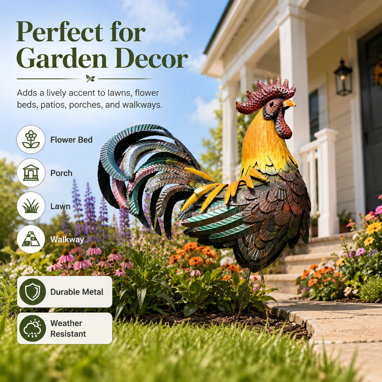 Metal Rooster Garden Stake, Colorful Iron Chicken Yard Decor for Lawn, Patio, Backyard, Flower Bed & Farmhouse Outdoor Decoration