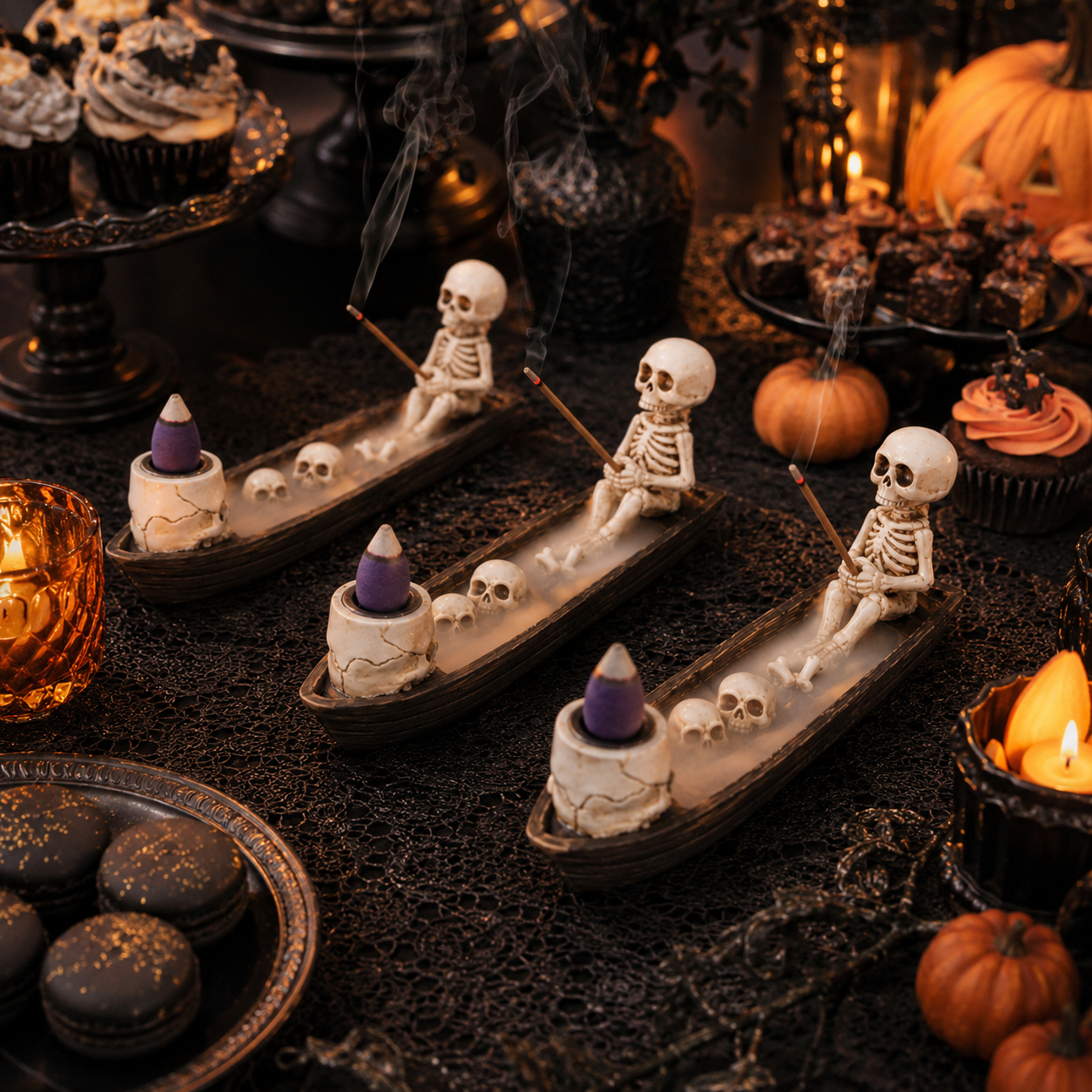 Halloween Skeleton Boat Incense Holder Set