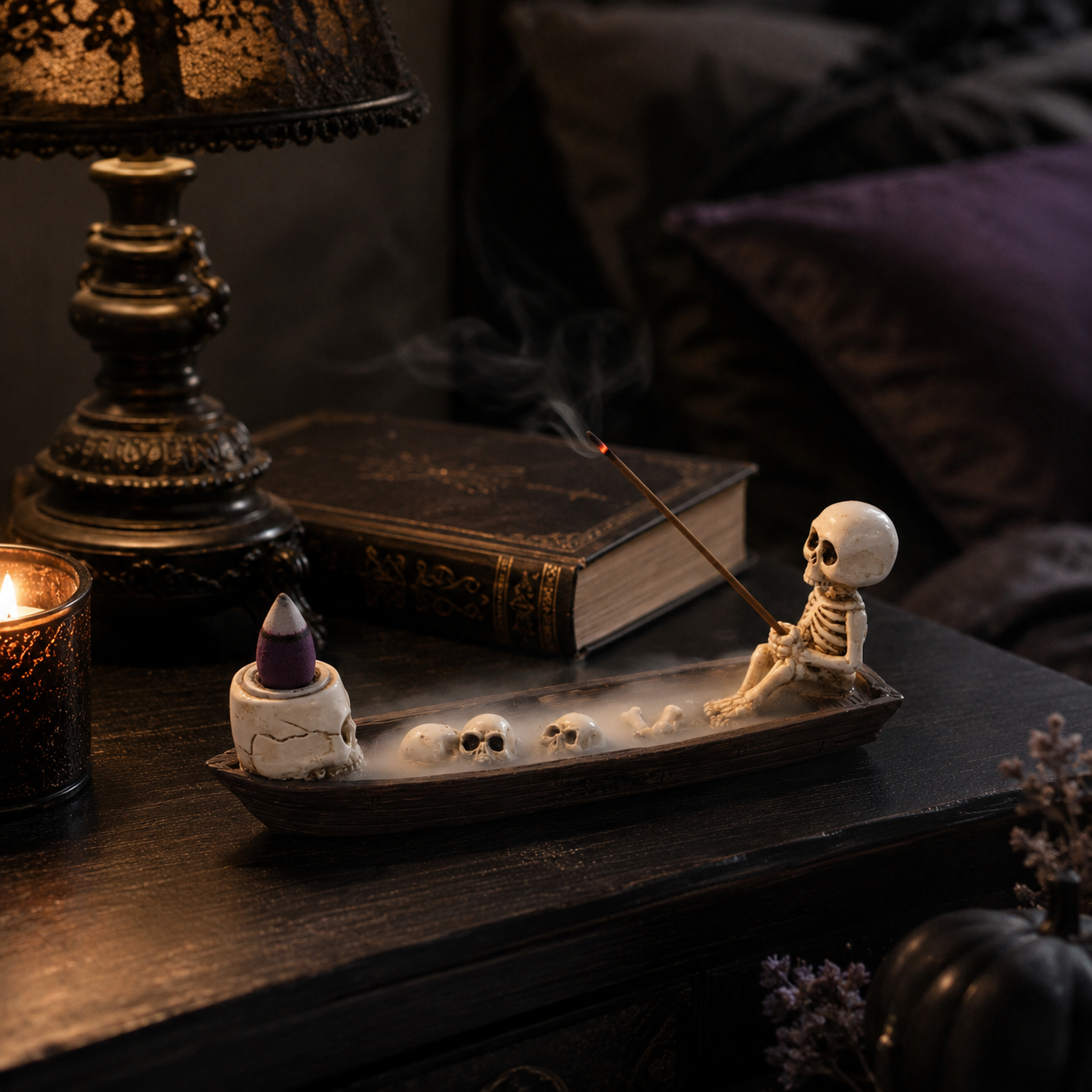 Halloween Skeleton Boat Incense Holder Set