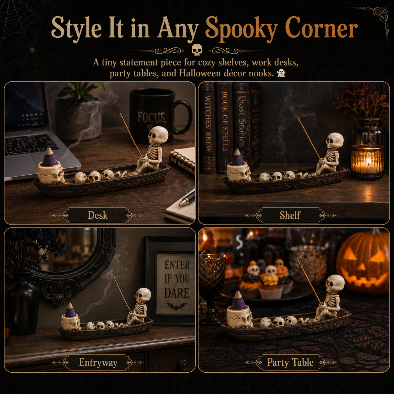 Halloween Skeleton Boat Incense Holder Set