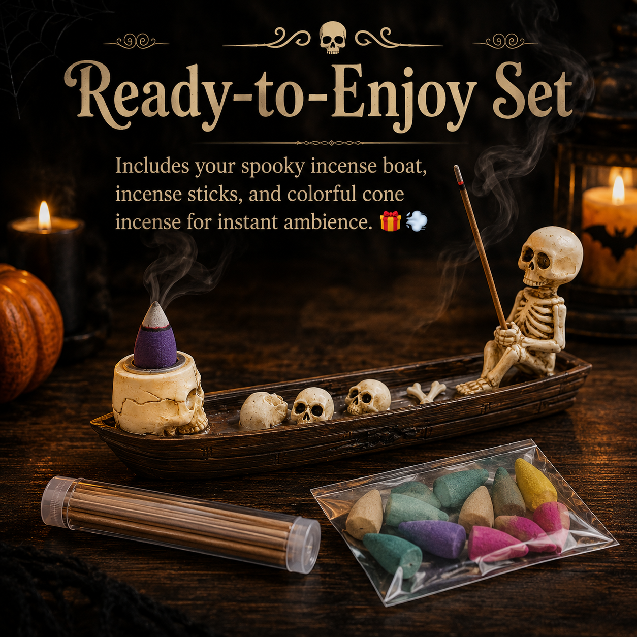 Halloween Skeleton Boat Incense Holder Set