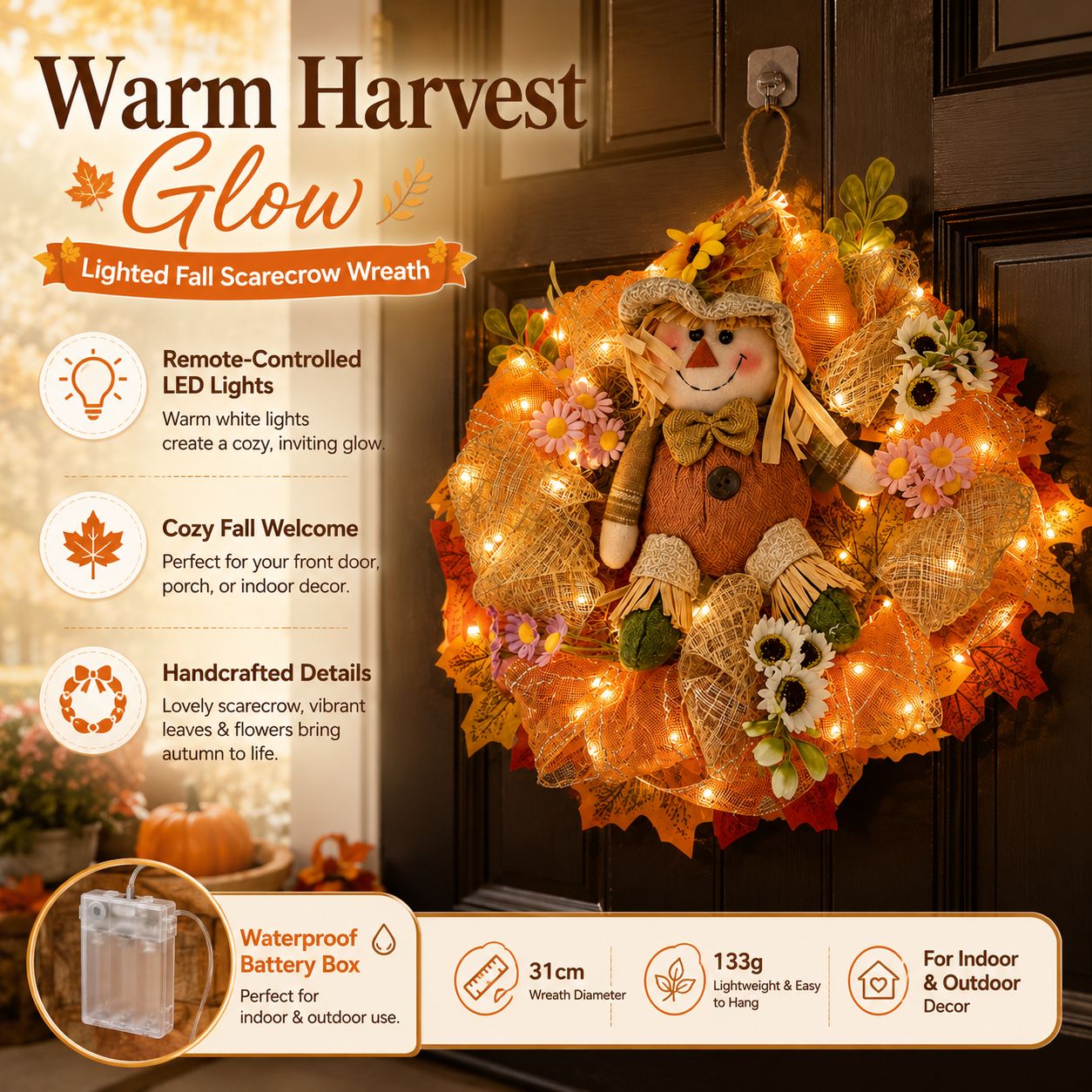 Remote-Controlled Lighted Fall Scarecrow Wreath