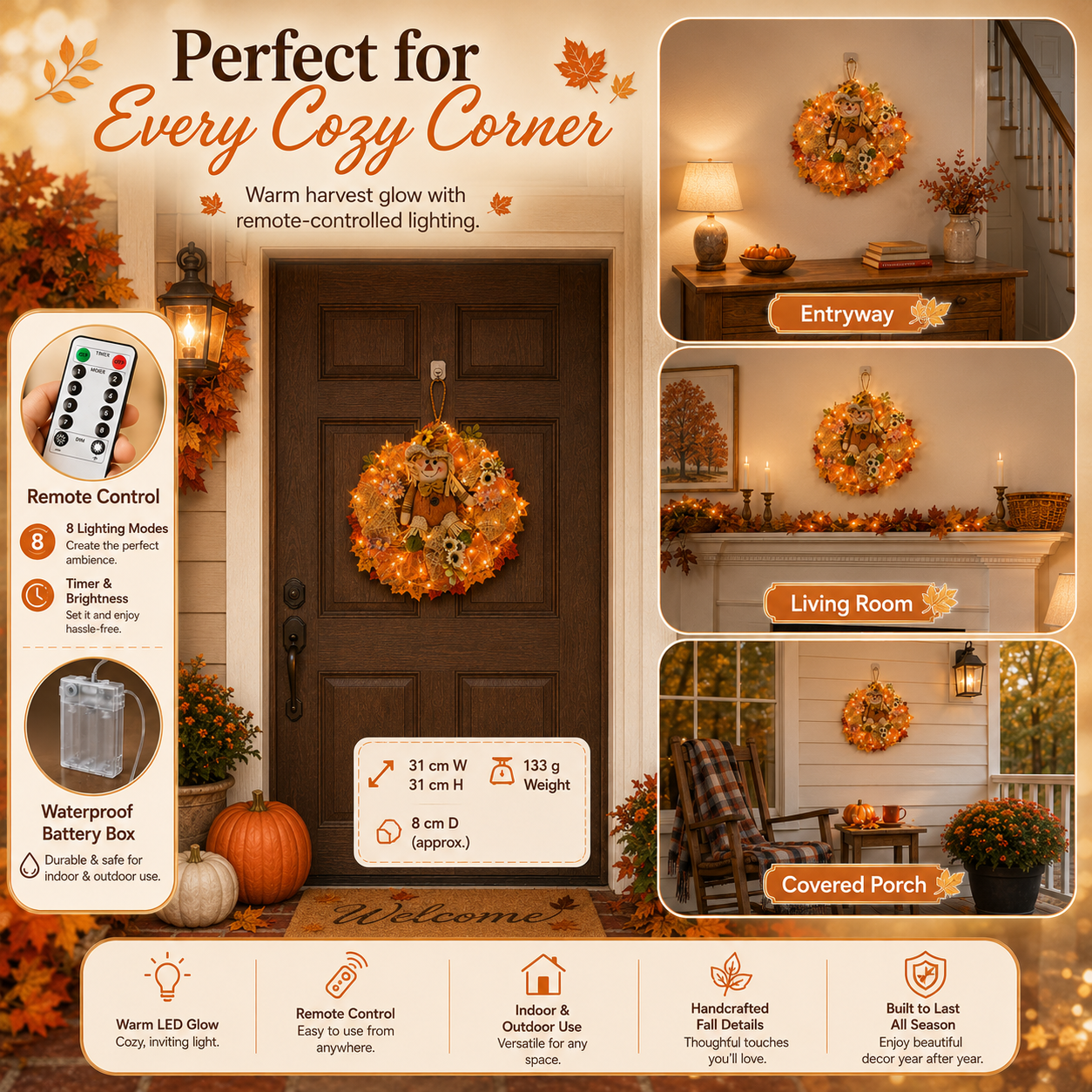 Remote-Controlled Lighted Fall Scarecrow Wreath
