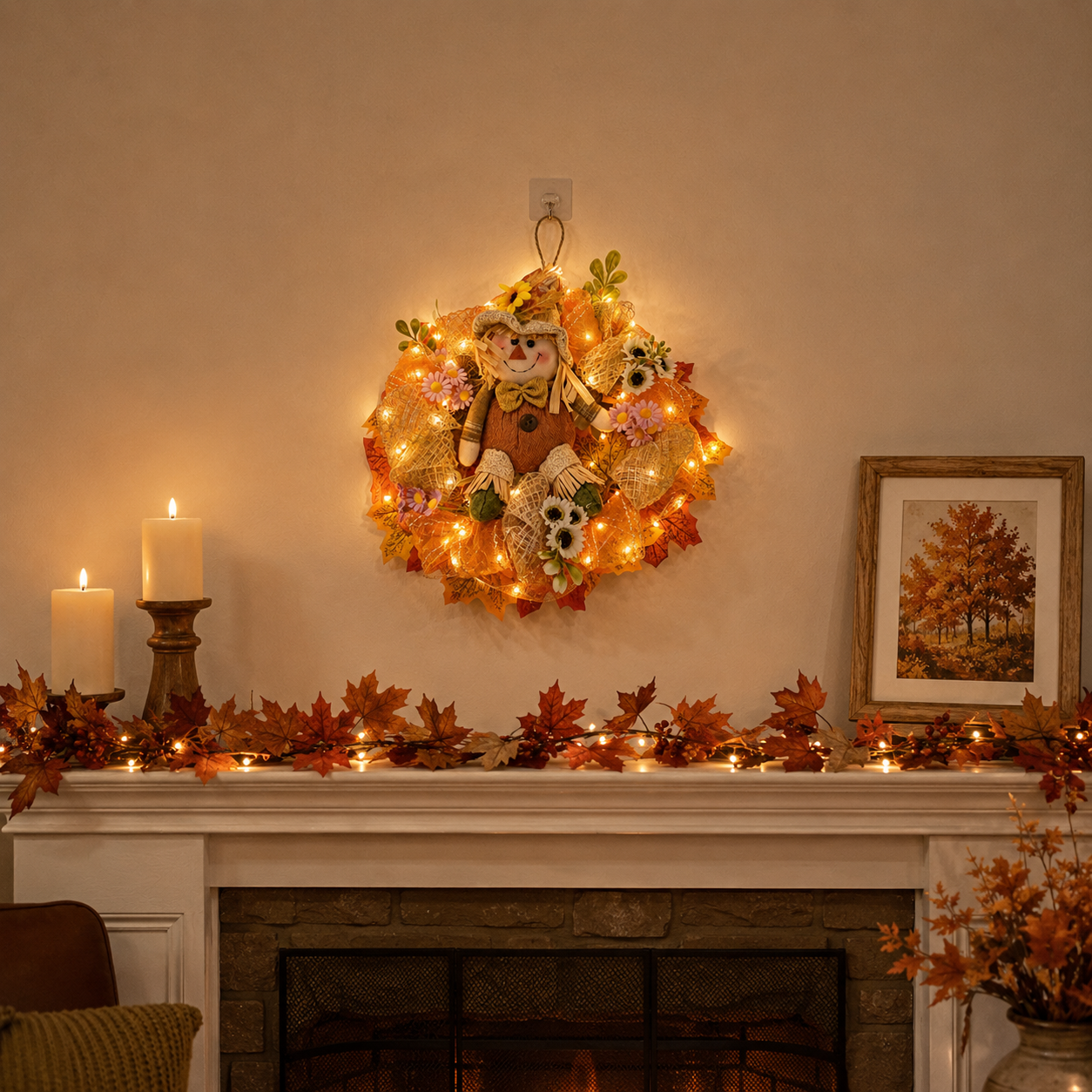 Remote-Controlled Lighted Fall Scarecrow Wreath