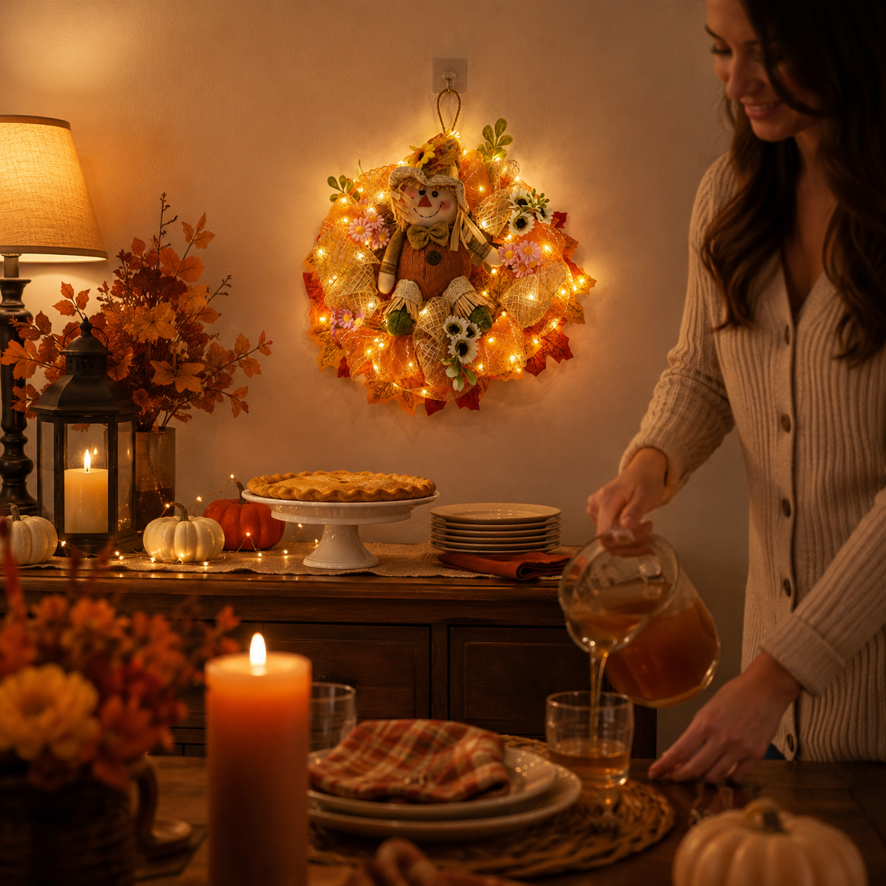 Remote-Controlled Lighted Fall Scarecrow Wreath