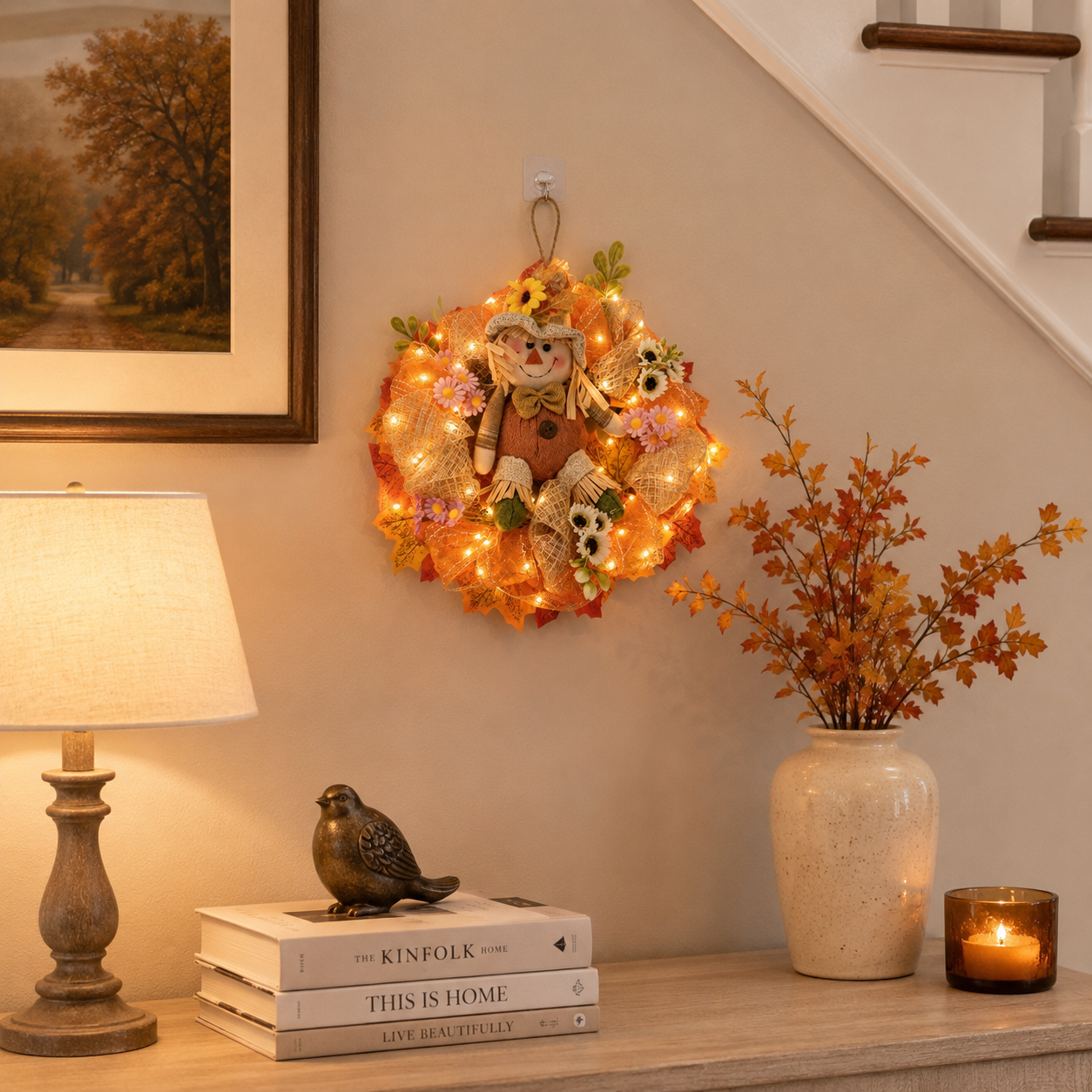Remote-Controlled Lighted Fall Scarecrow Wreath