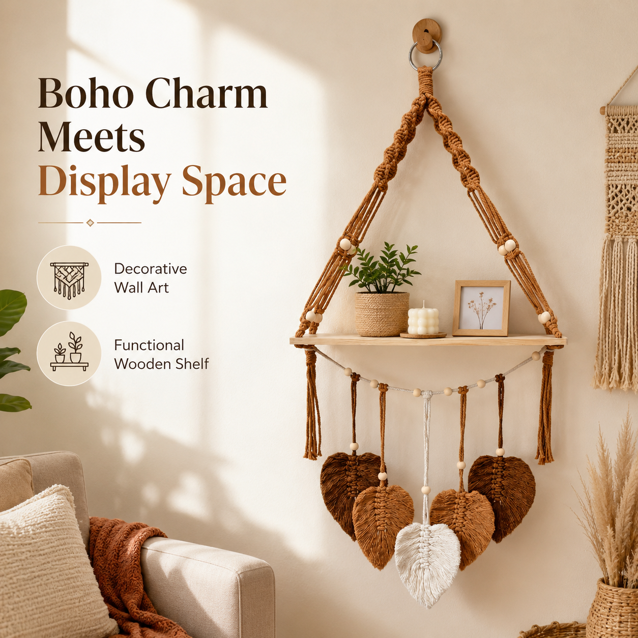 Boho Macrame Hanging Shelf with Leaf Tassels
