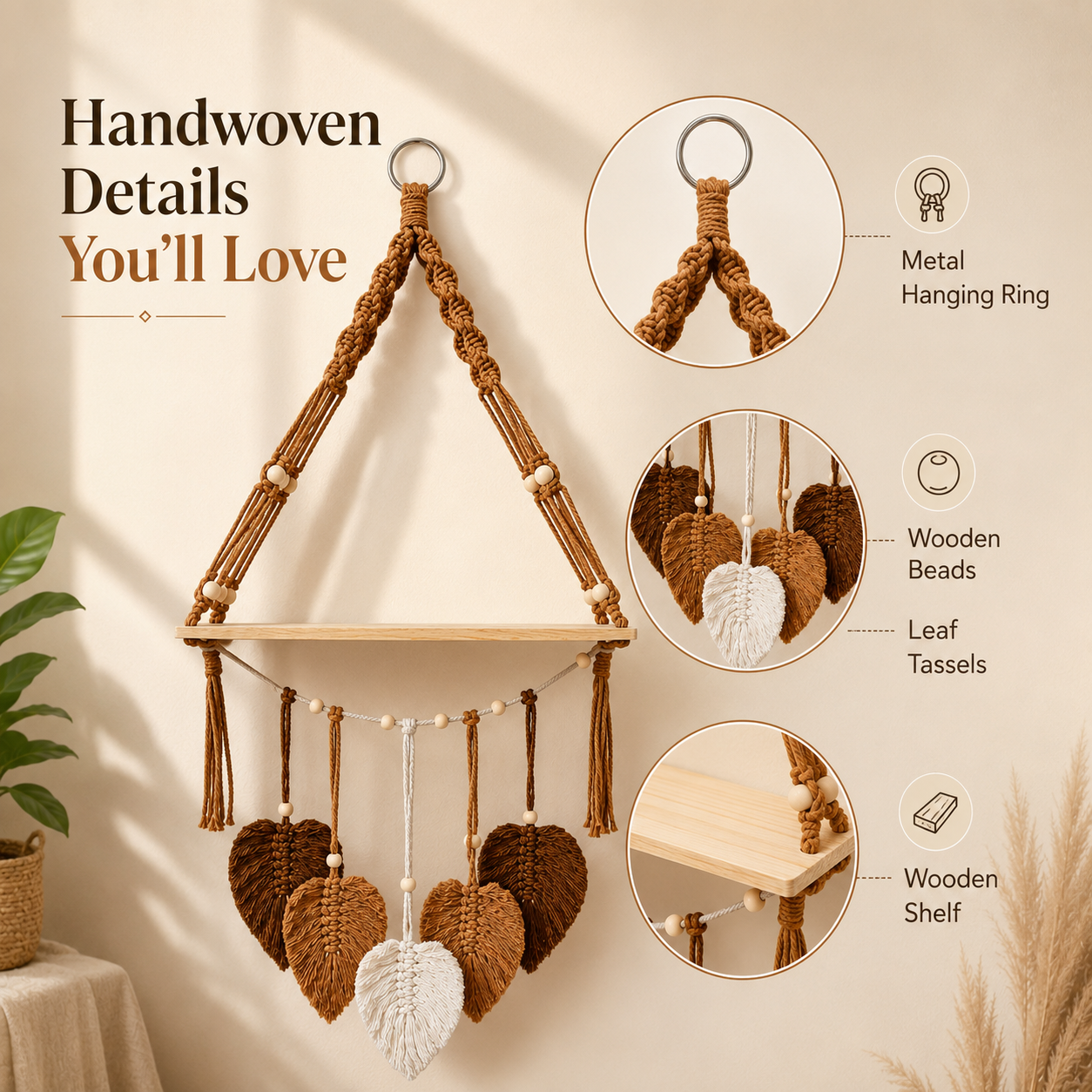 Boho Macrame Hanging Shelf with Leaf Tassels