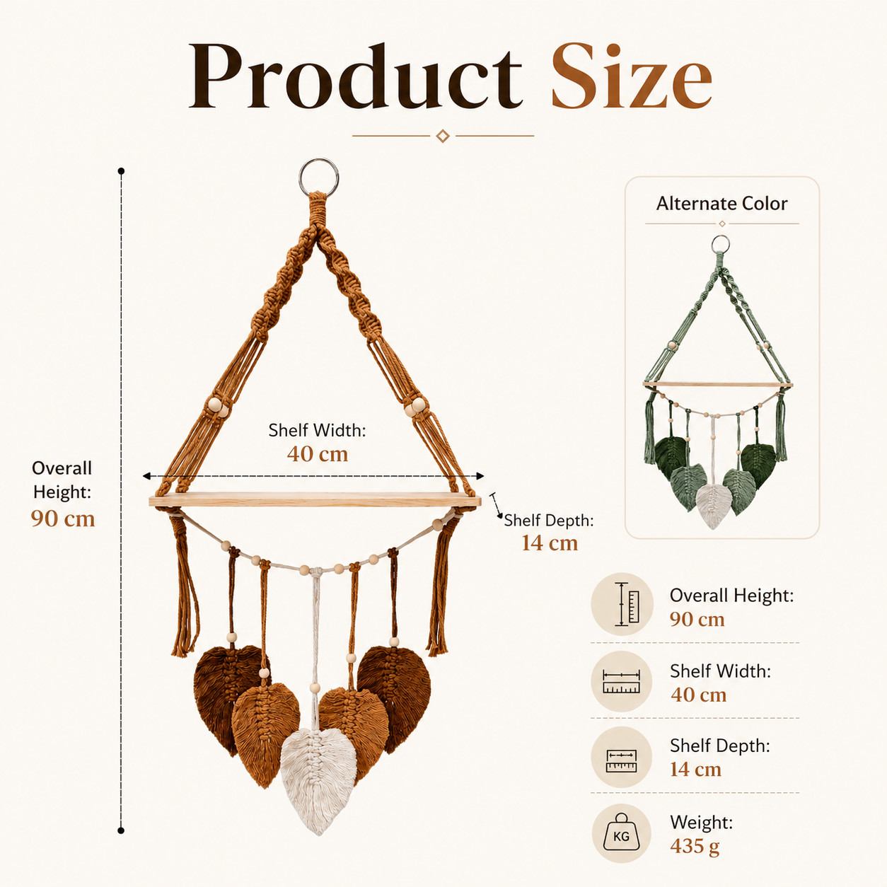 Boho Macrame Hanging Shelf with Leaf Tassels