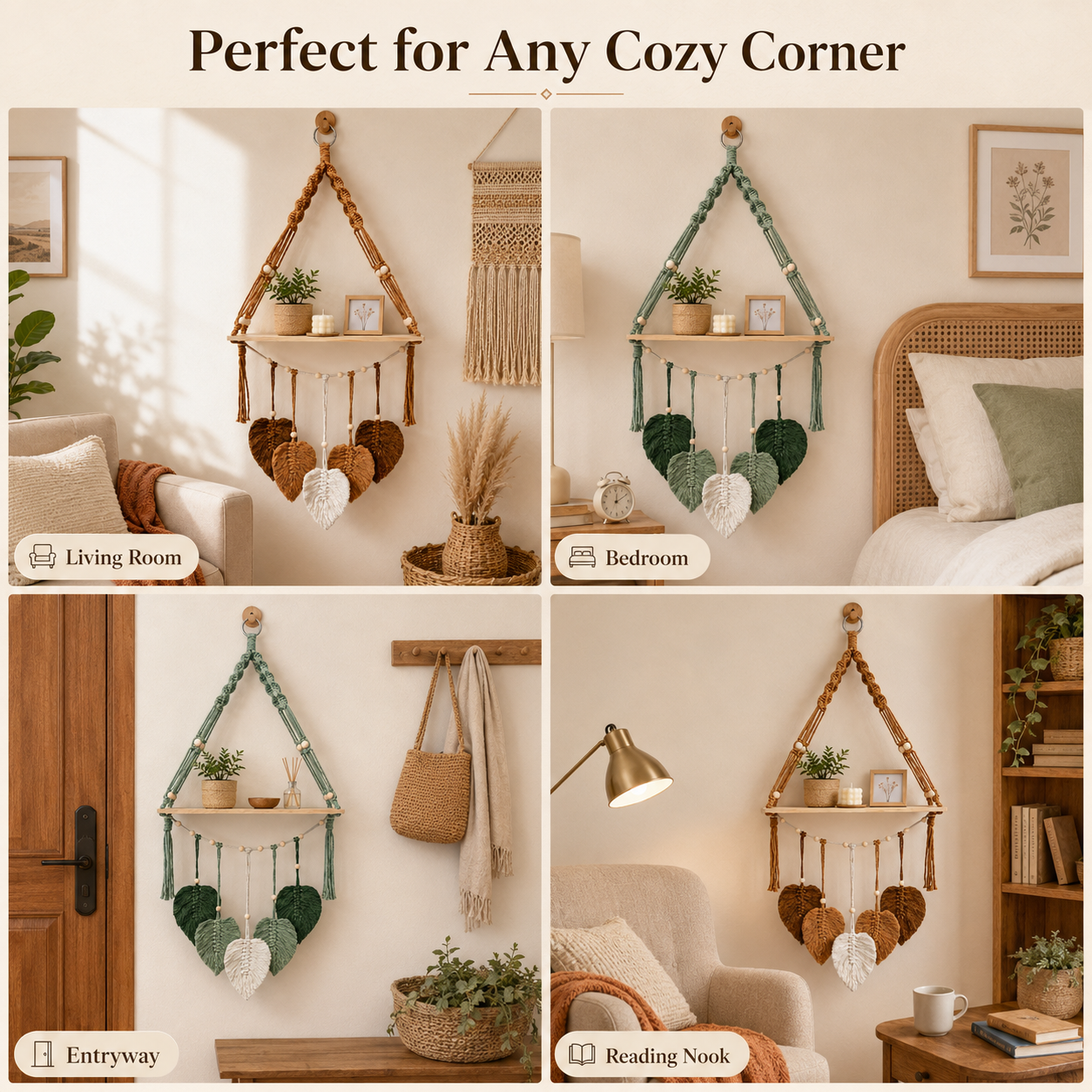 Boho Macrame Hanging Shelf with Leaf Tassels