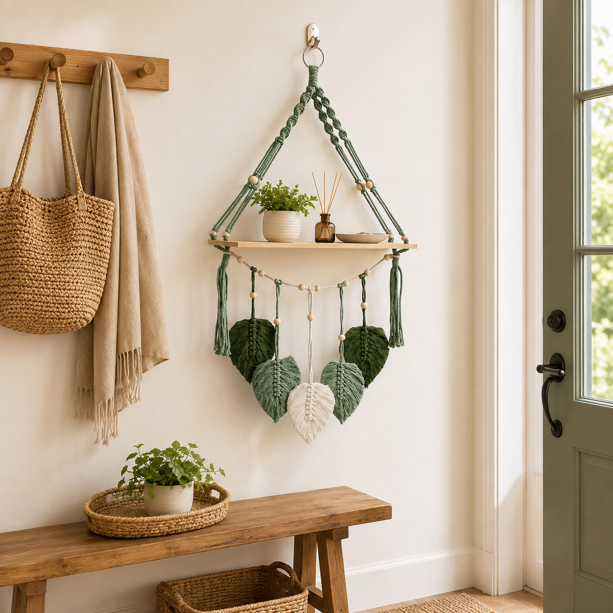 Boho Macrame Hanging Shelf with Leaf Tassels