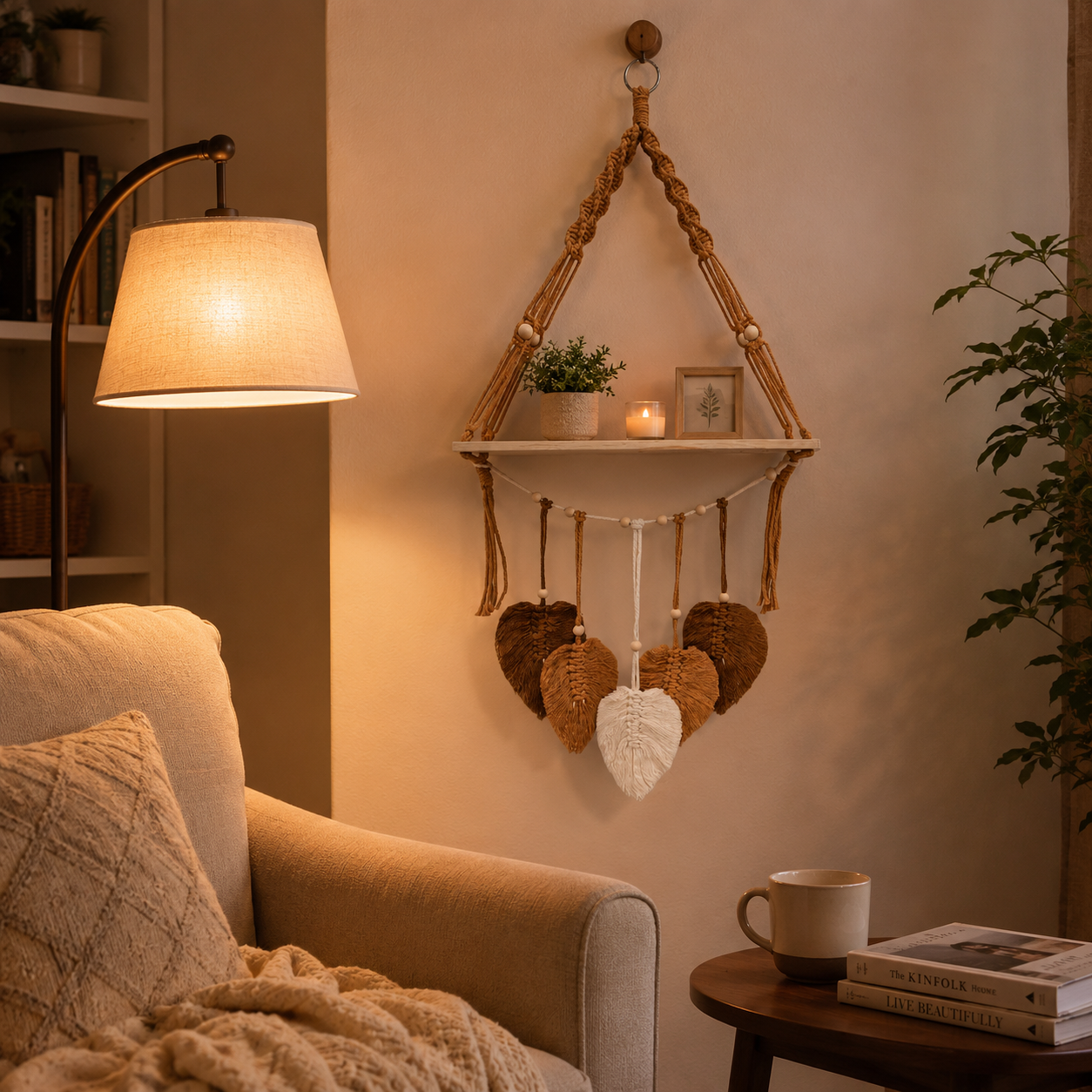 Boho Macrame Hanging Shelf with Leaf Tassels