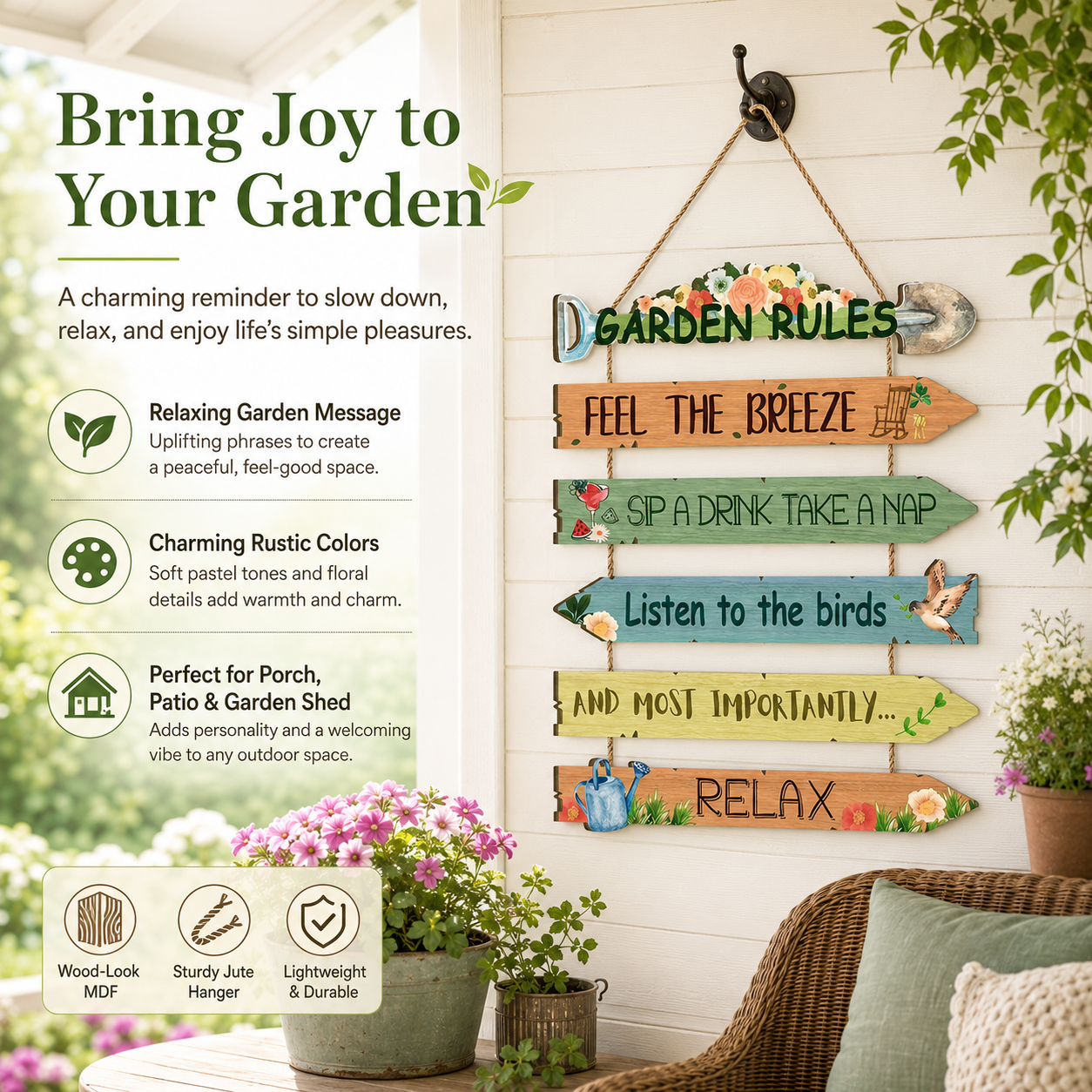 Garden Rules Wooden Hanging Sign