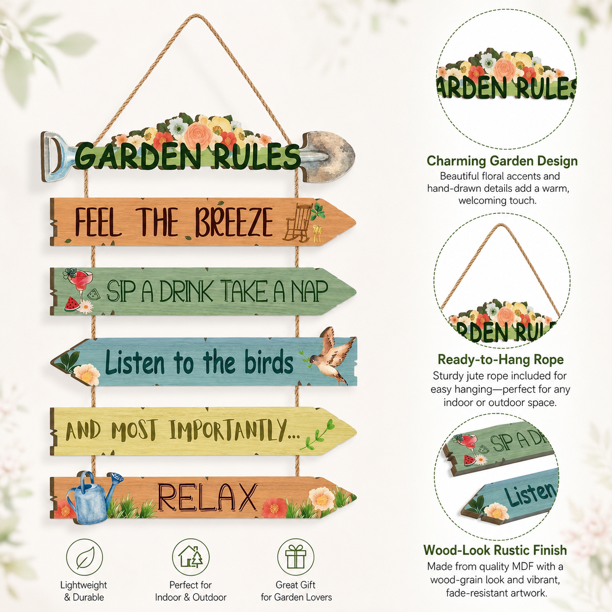 Garden Rules Wooden Hanging Sign