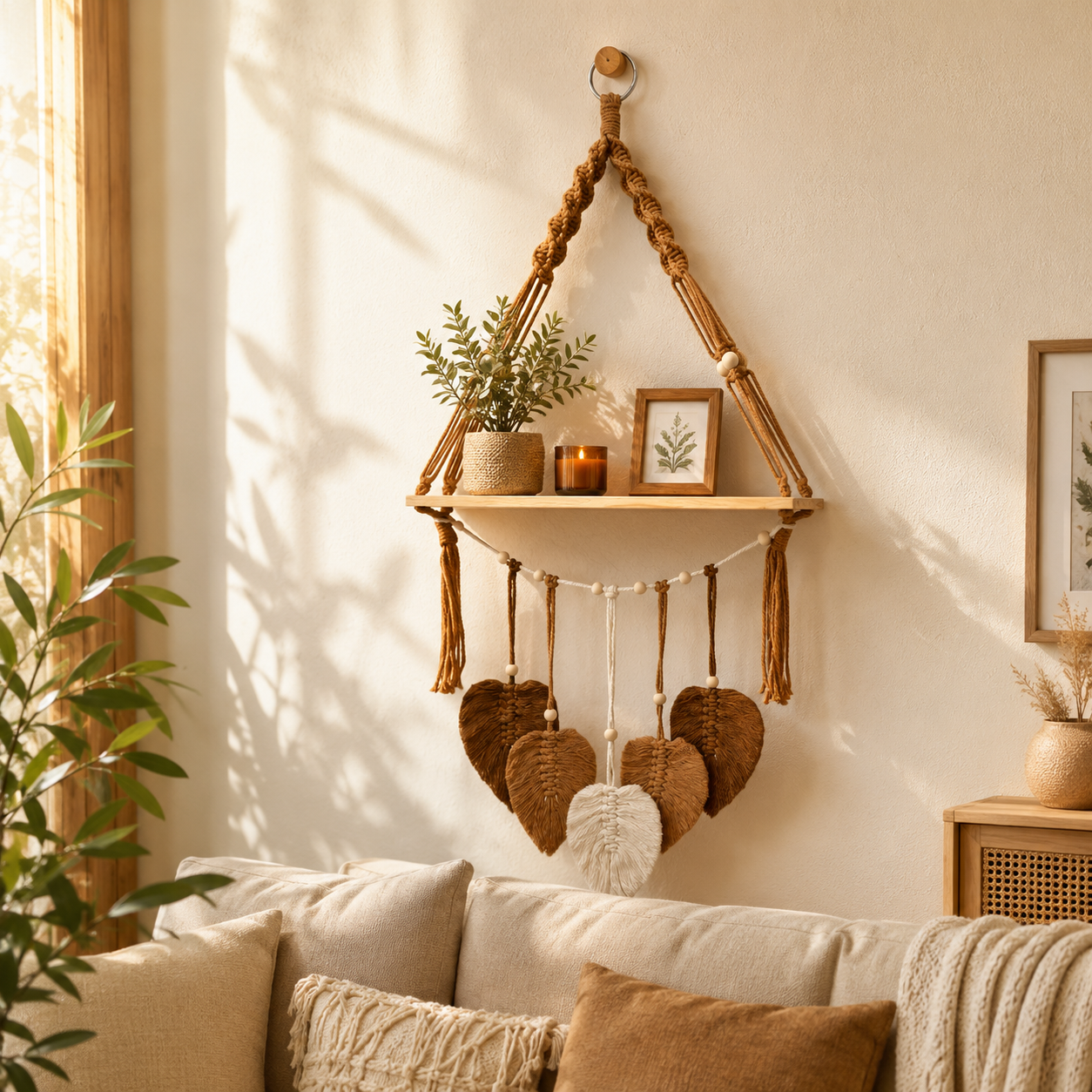 Boho Macrame Hanging Shelf with Leaf Tassels