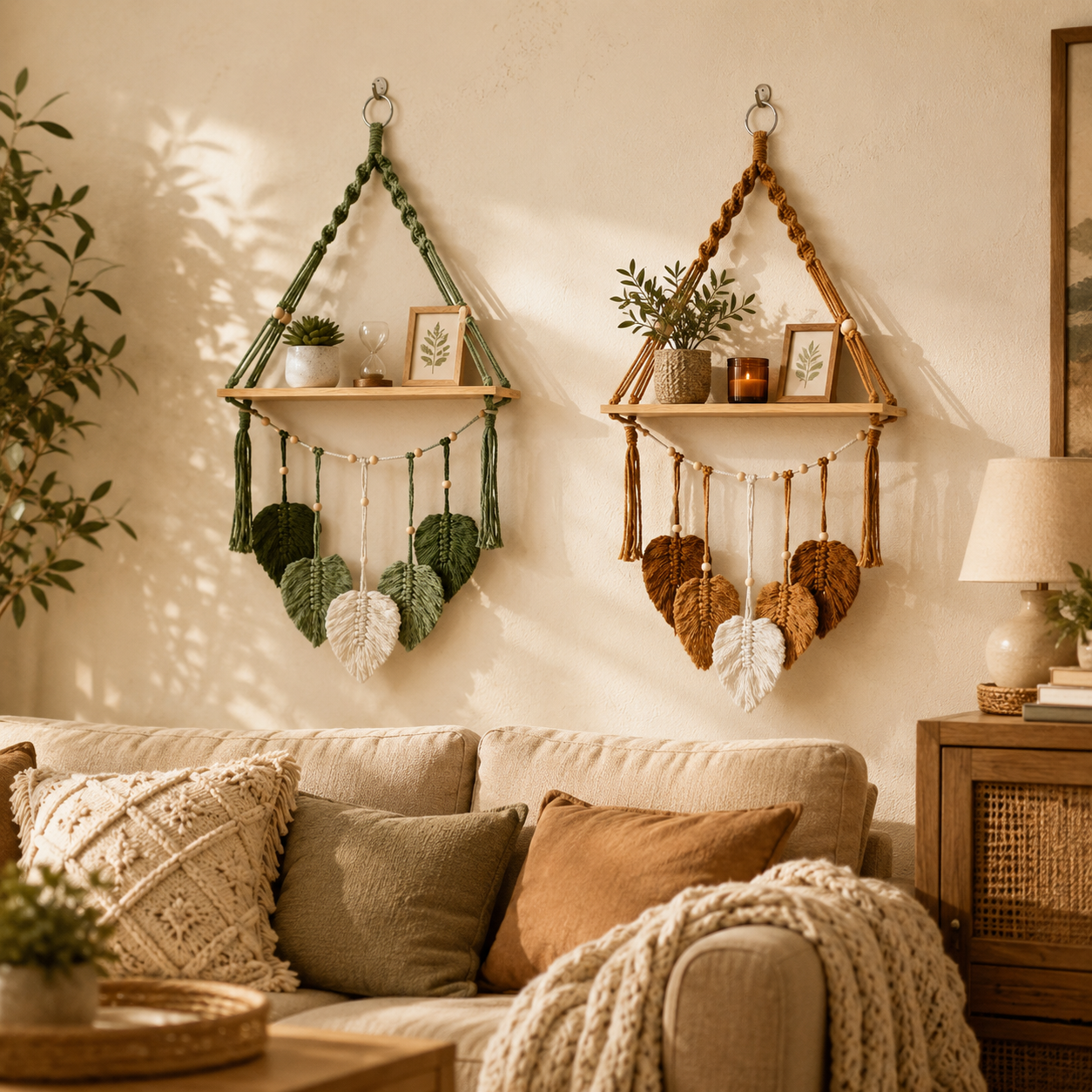 Boho Macrame Hanging Shelf with Leaf Tassels