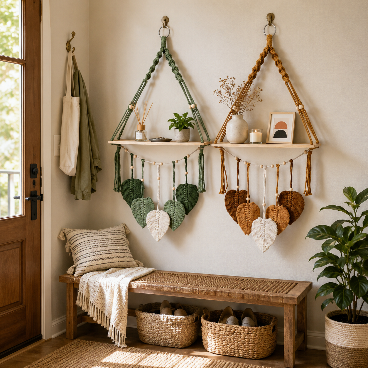 Boho Macrame Hanging Shelf with Leaf Tassels