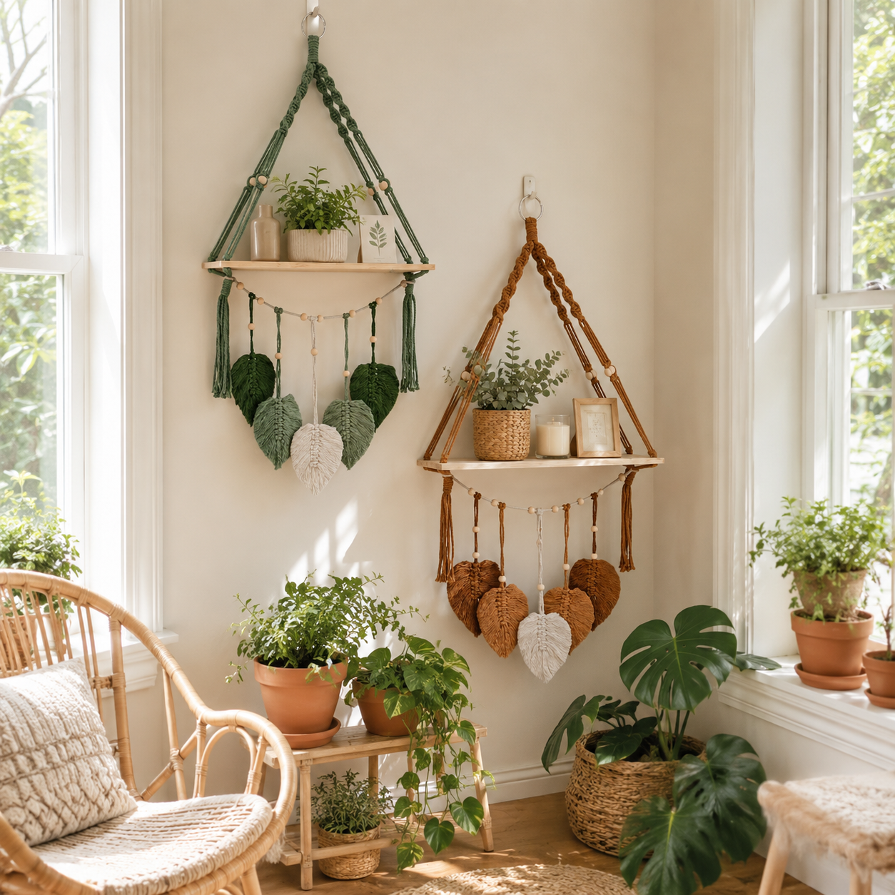 Boho Macrame Hanging Shelf with Leaf Tassels