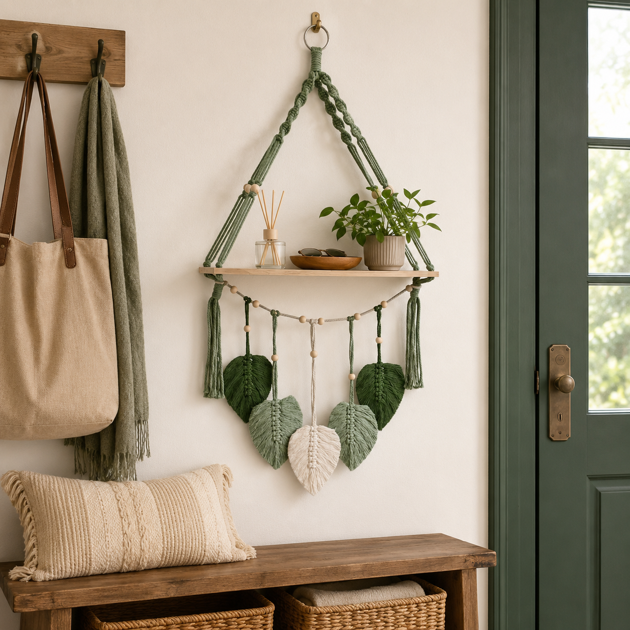 Boho Macrame Hanging Shelf with Leaf Tassels