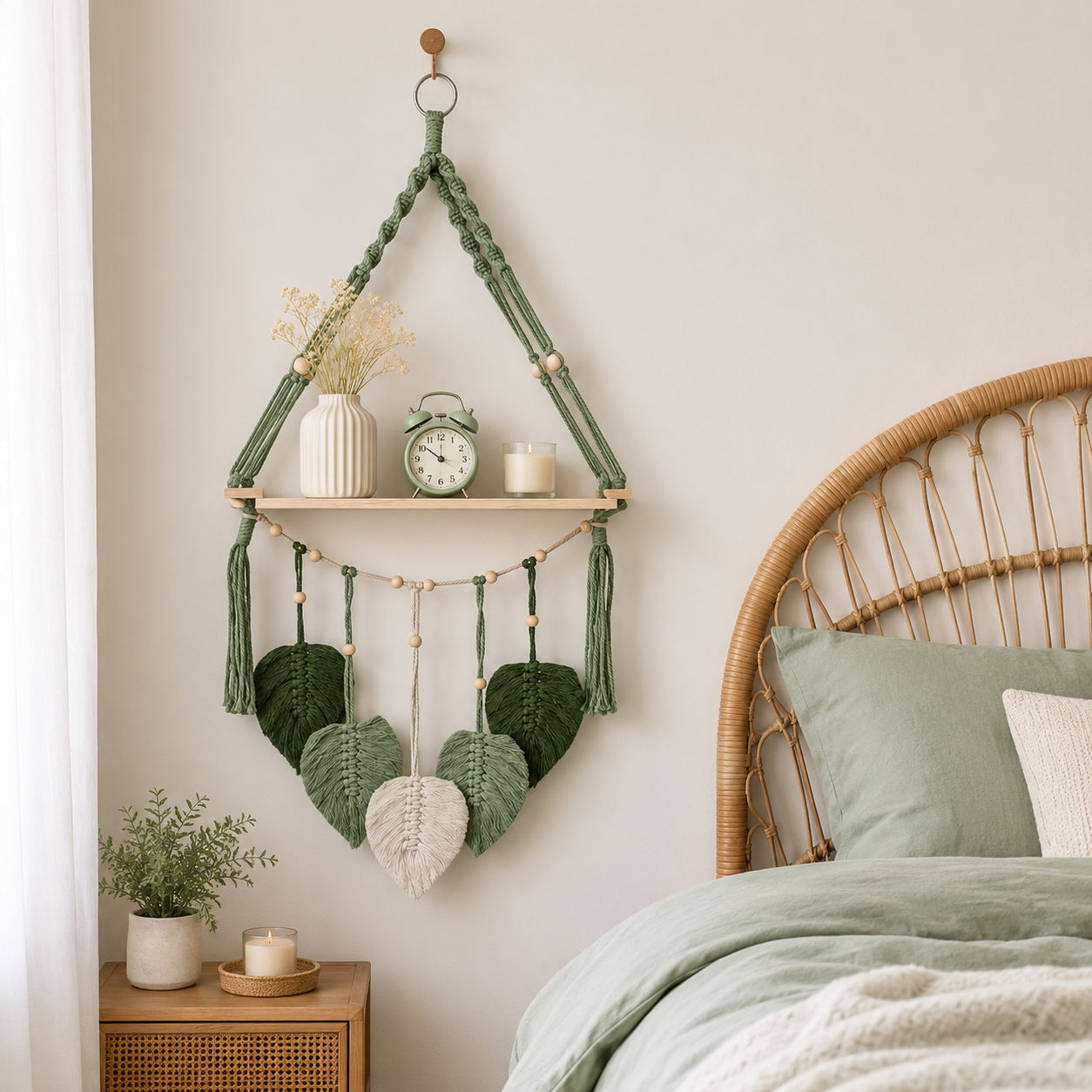 Boho Macrame Hanging Shelf with Leaf Tassels