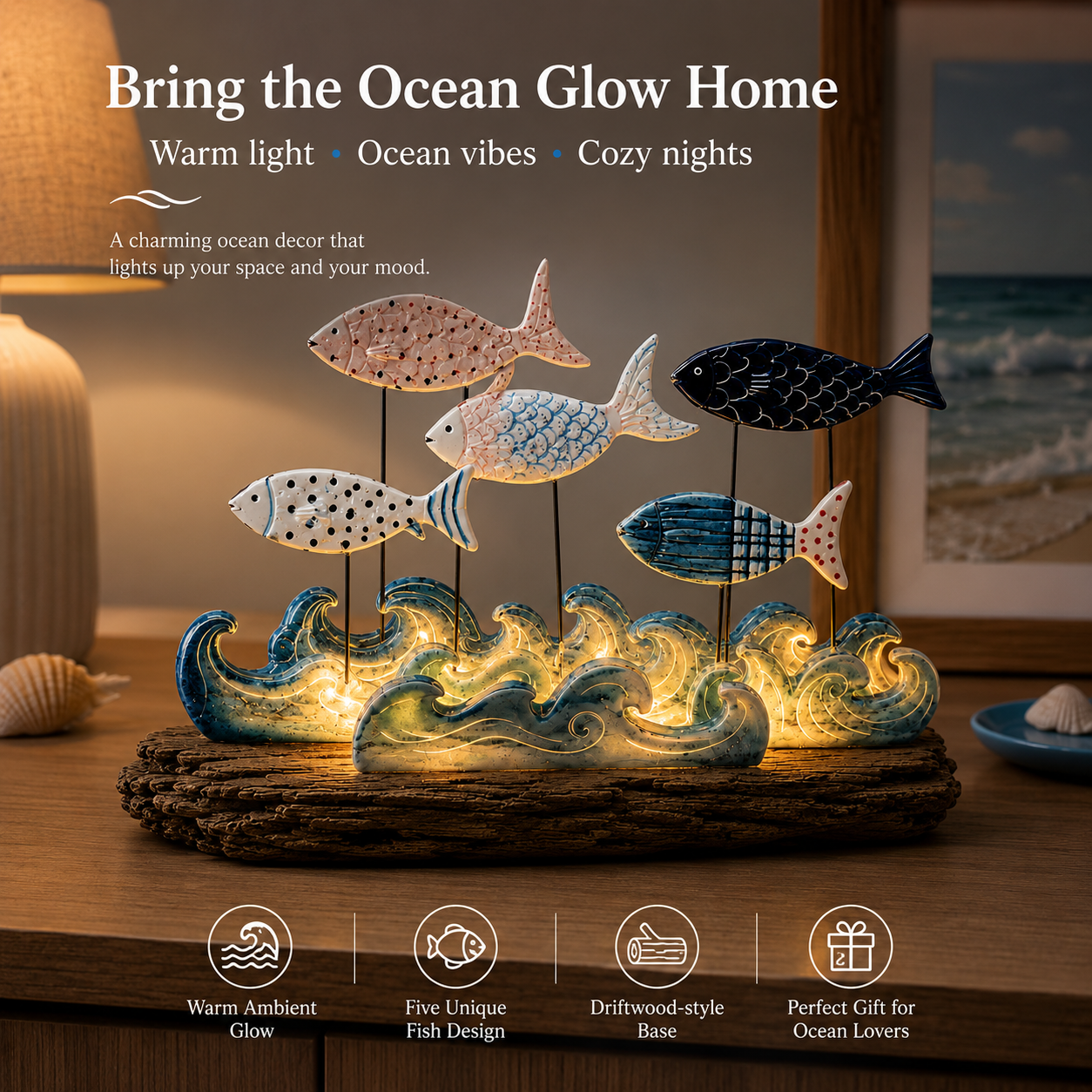 Lighted Ocean Fish & Wave Decor