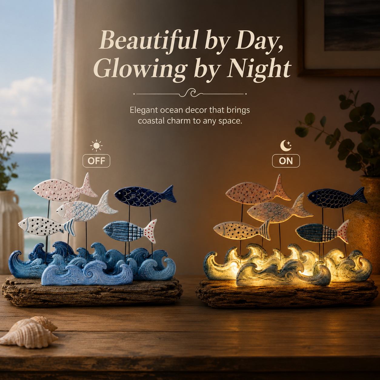 Lighted Ocean Fish & Wave Decor