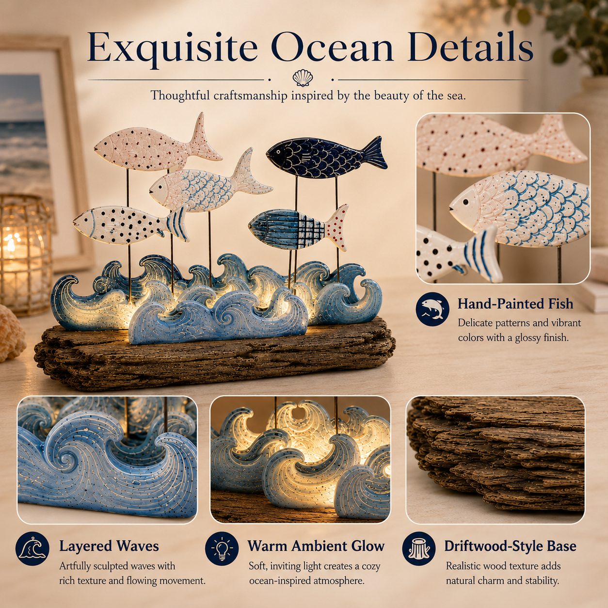 Lighted Ocean Fish & Wave Decor
