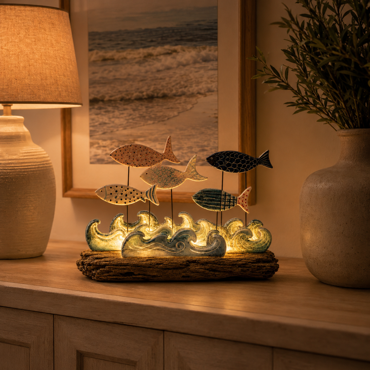 Lighted Ocean Fish & Wave Decor