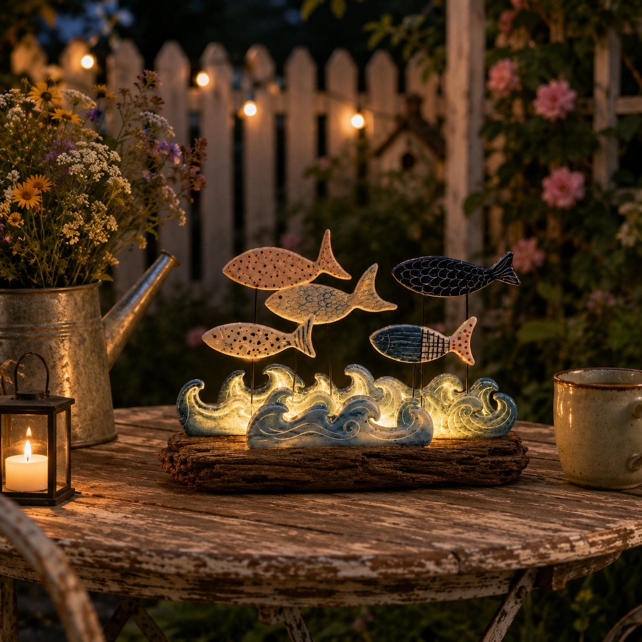 Lighted Ocean Fish & Wave Decor