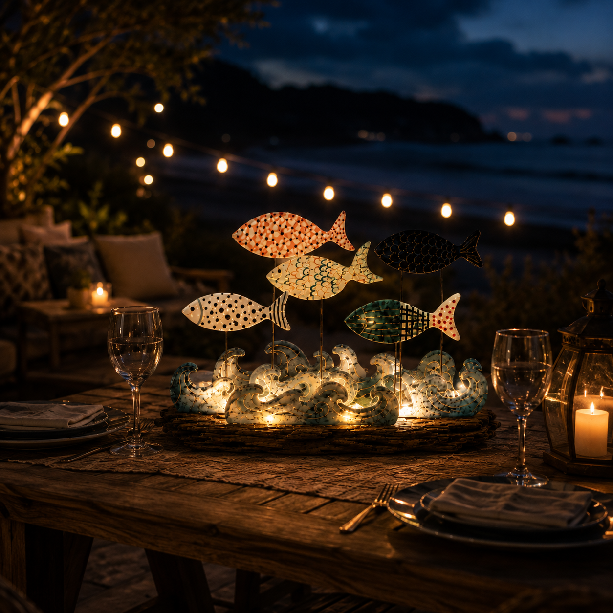 Lighted Ocean Fish & Wave Decor