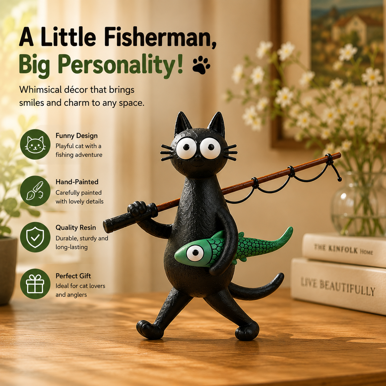 Funny Fishing Cat Figurine
