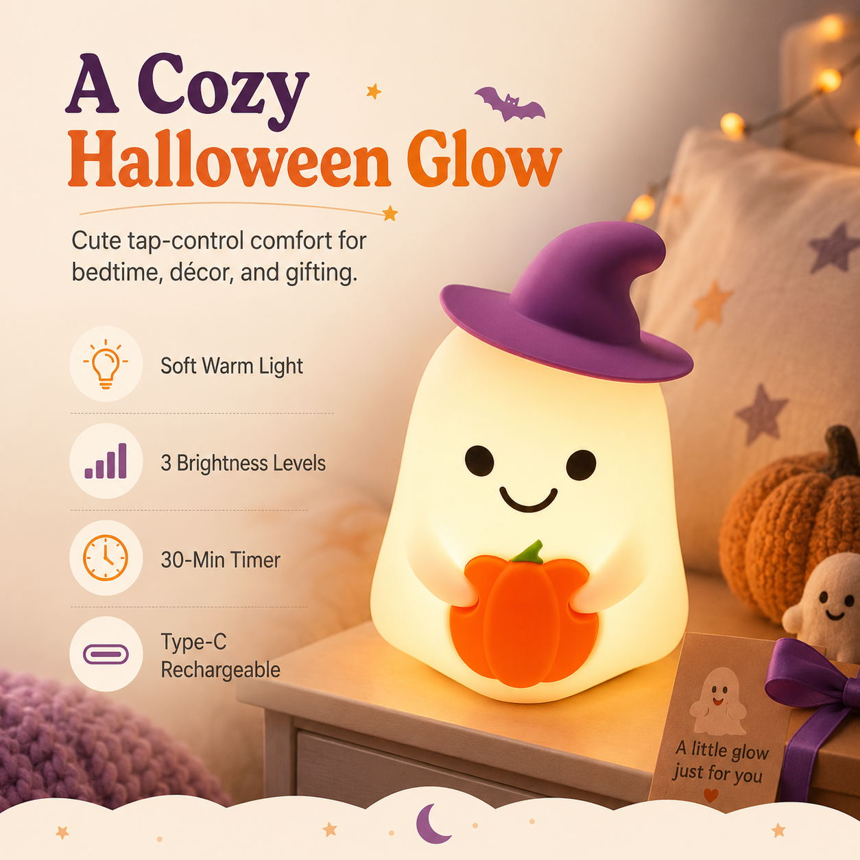 Pumpkin Witch Ghost Tap Night Light