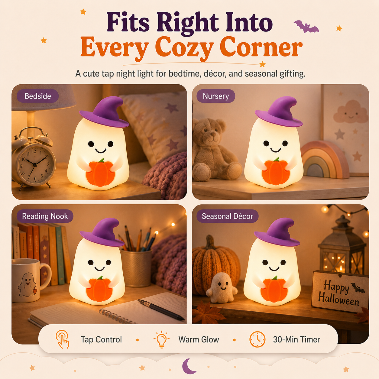 Pumpkin Witch Ghost Tap Night Light