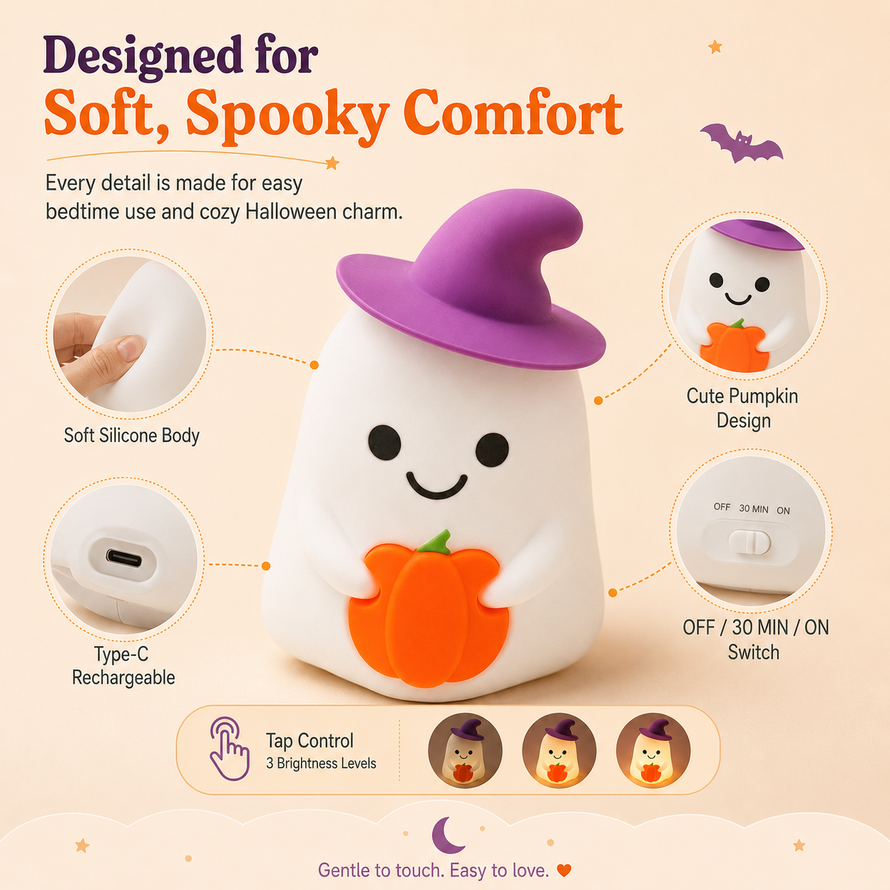Pumpkin Witch Ghost Tap Night Light