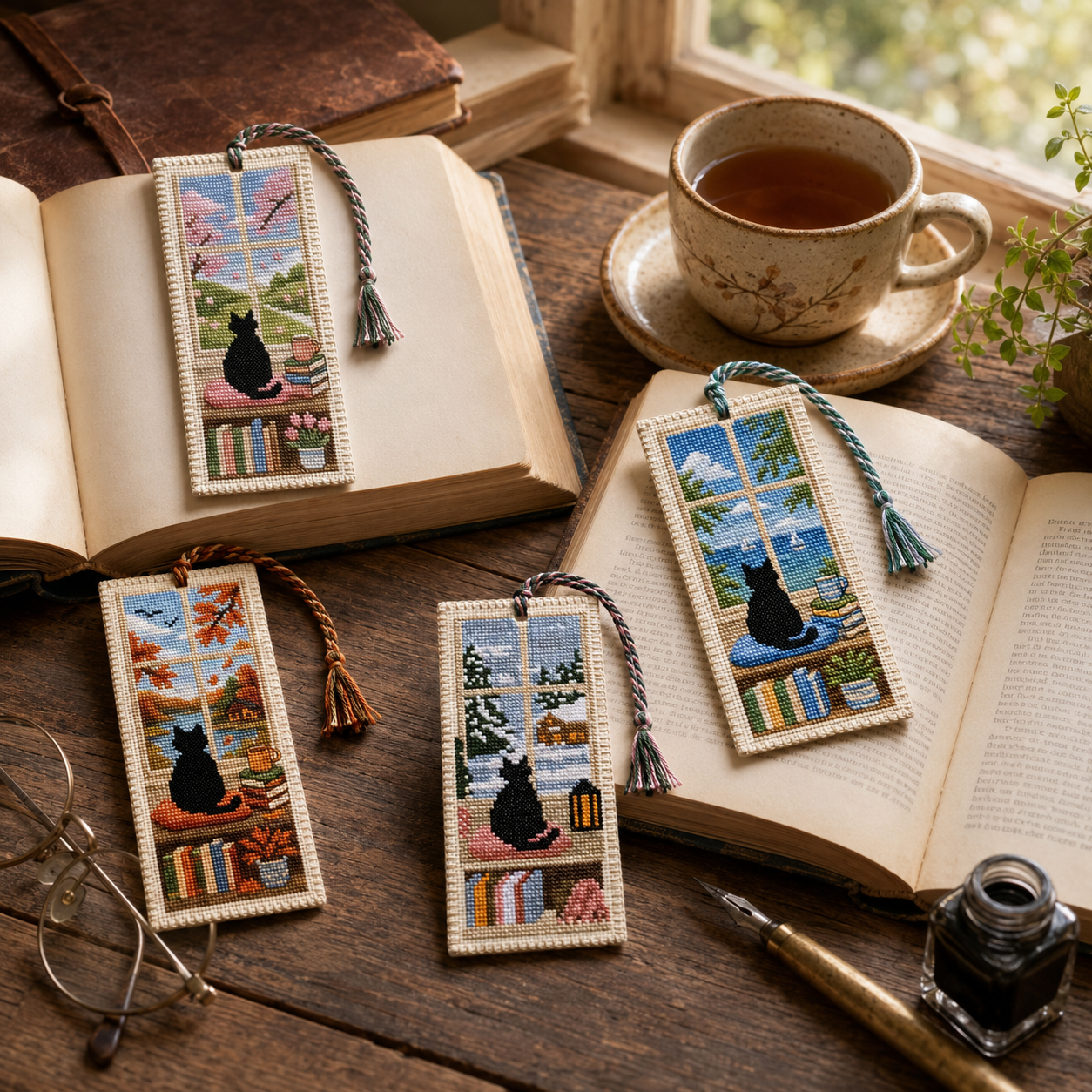 Four Seasons Cat Cross Stitch Bookmark Kit 🐾