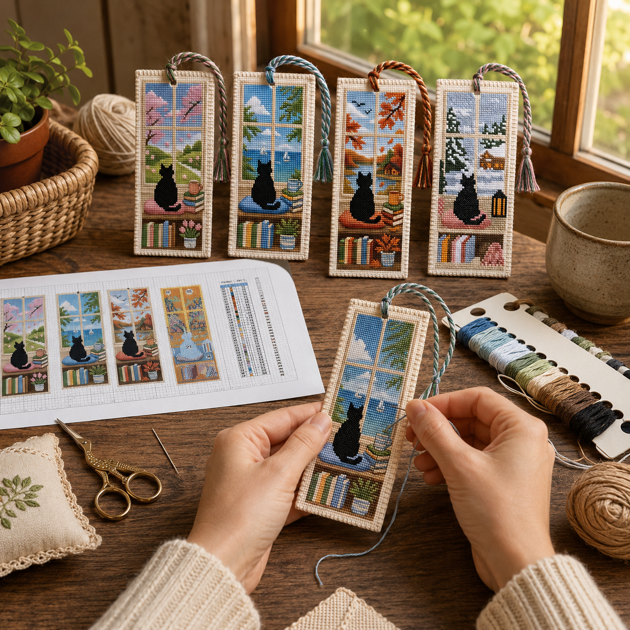 Four Seasons Cat Cross Stitch Bookmark Kit 🐾