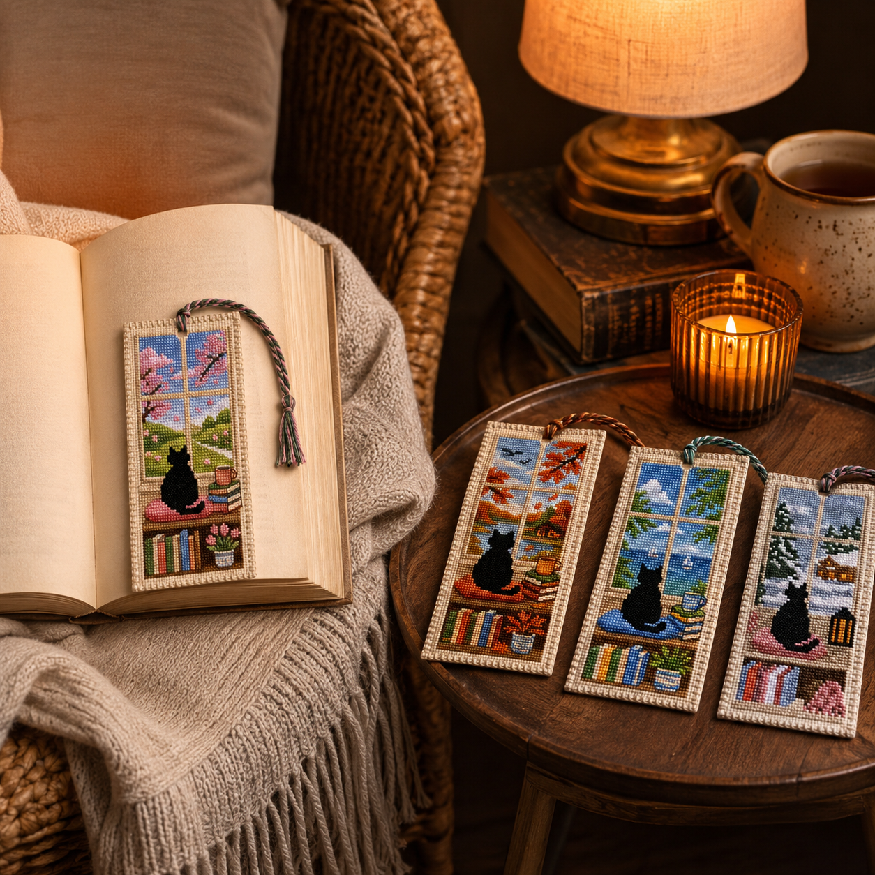 Four Seasons Cat Cross Stitch Bookmark Kit 🐾
