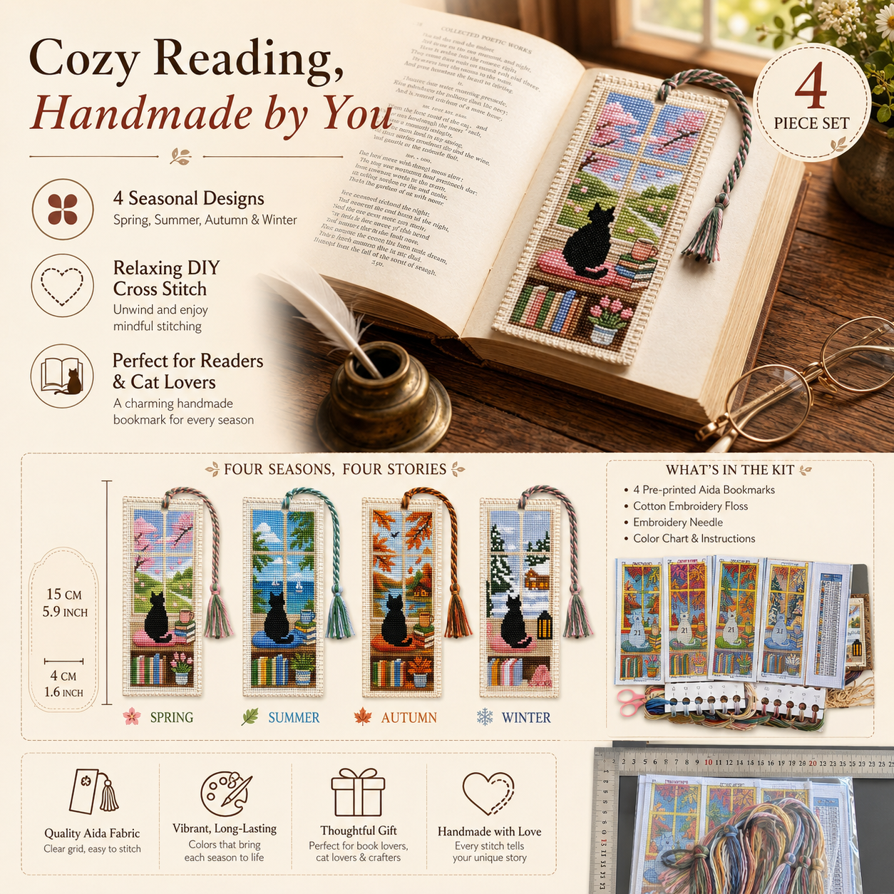 Four Seasons Cat Cross Stitch Bookmark Kit 🐾