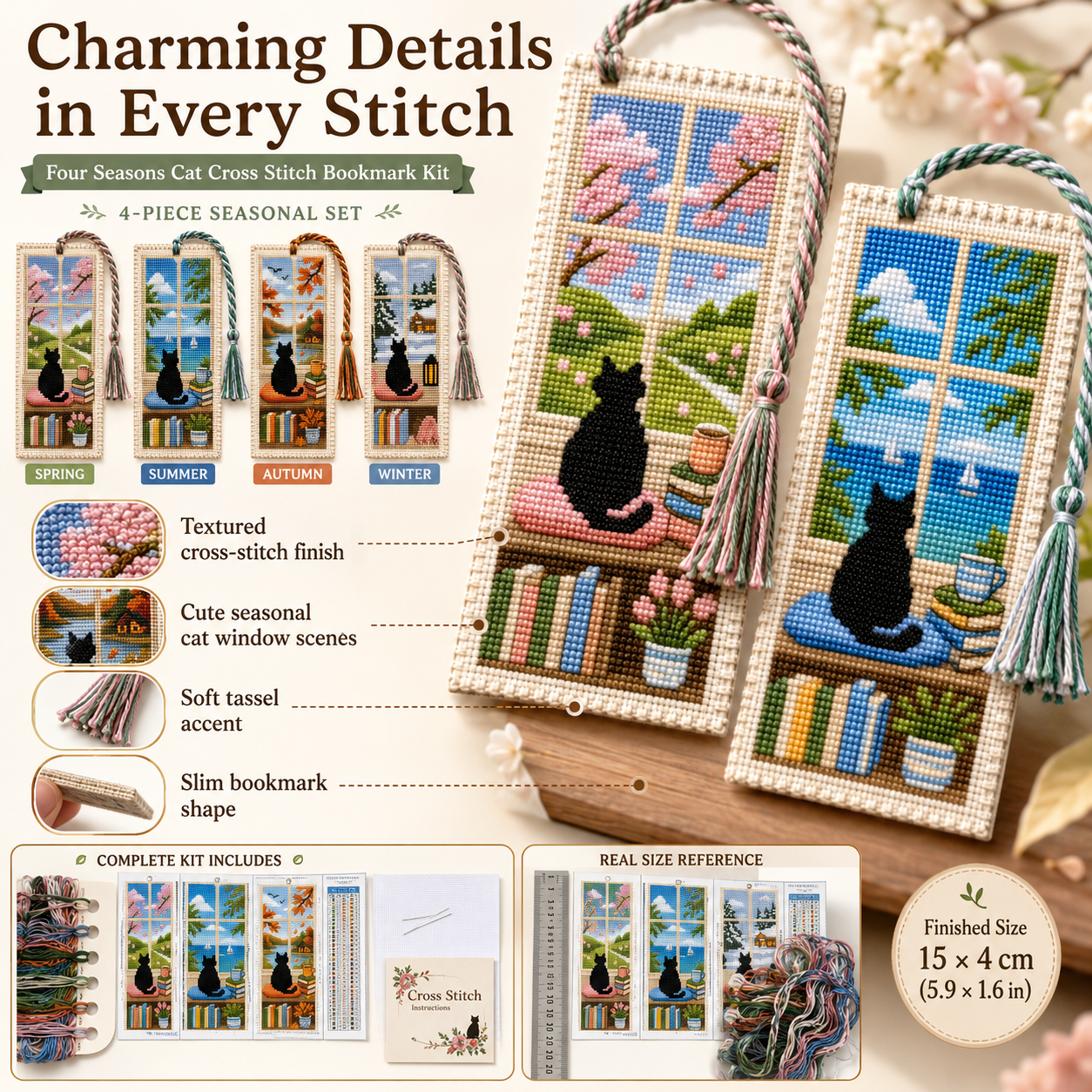 Four Seasons Cat Cross Stitch Bookmark Kit 🐾