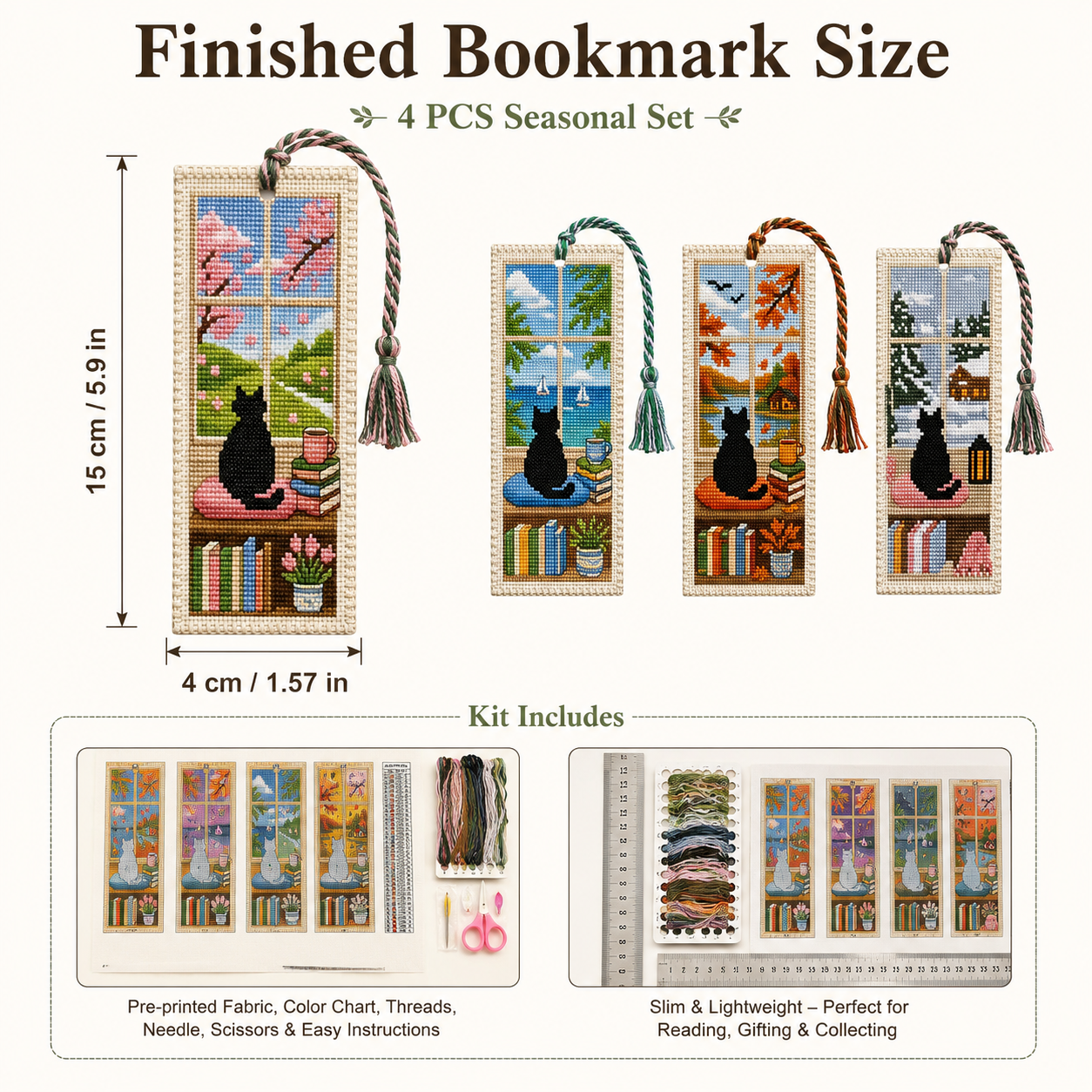Four Seasons Cat Cross Stitch Bookmark Kit 🐾