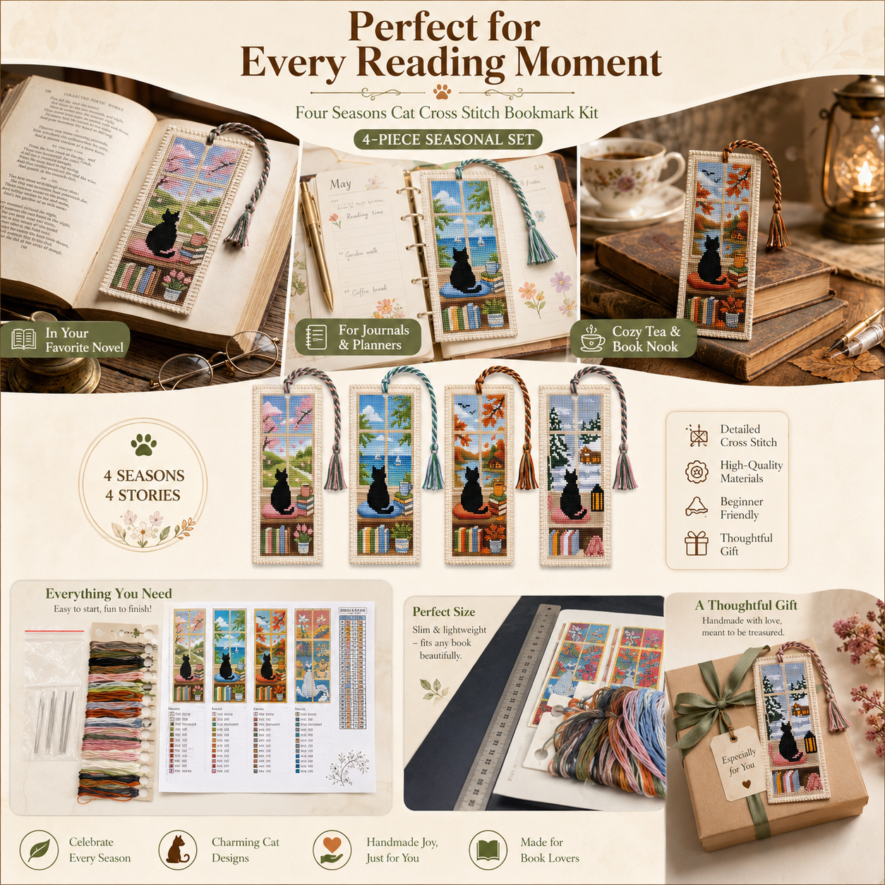 Four Seasons Cat Cross Stitch Bookmark Kit 🐾