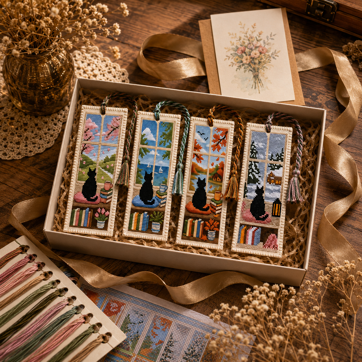 Four Seasons Cat Cross Stitch Bookmark Kit 🐾