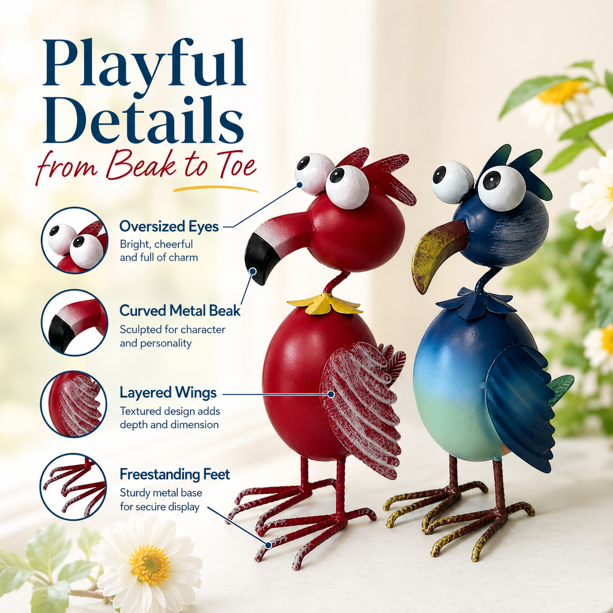 Whimsical Big-Eyed Iron Flamingo Figurine