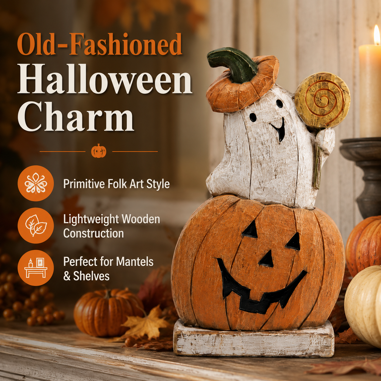 Trick-or-Treat Pumpkin Ghost Wooden Figurine