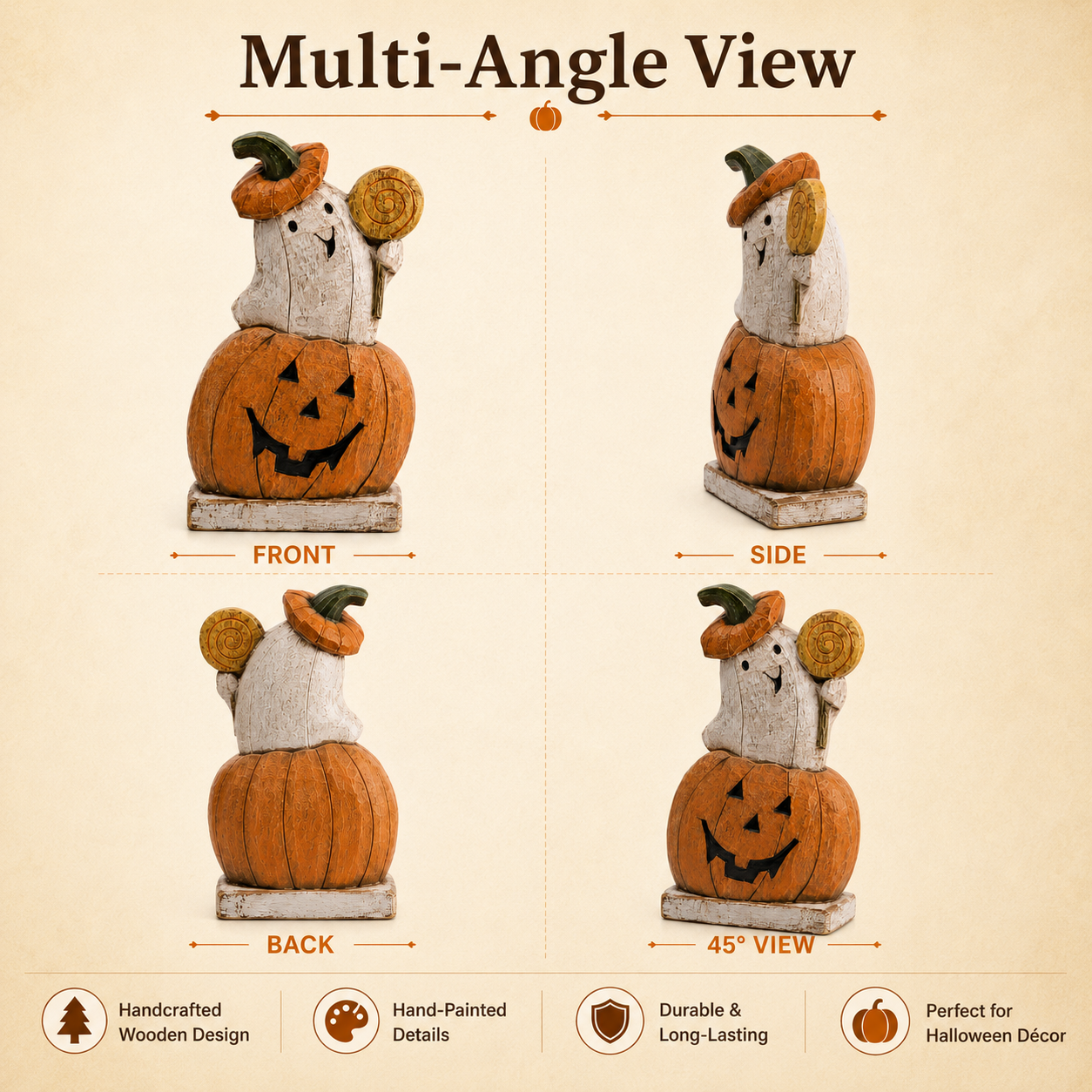 Trick-or-Treat Pumpkin Ghost Wooden Figurine