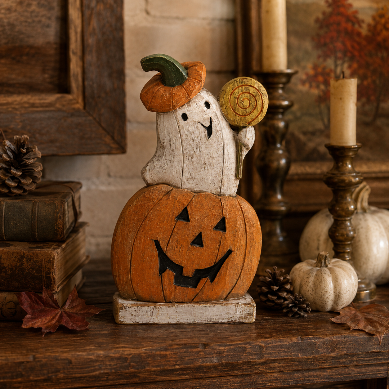 Trick-or-Treat Pumpkin Ghost Wooden Figurine