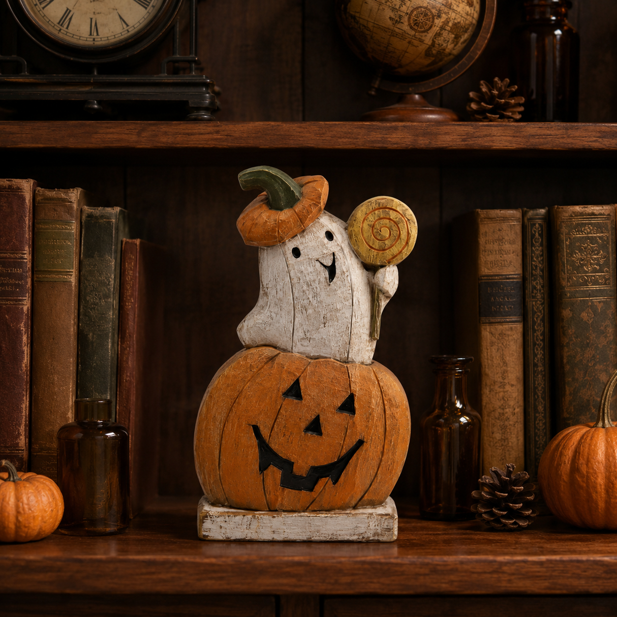 Trick-or-Treat Pumpkin Ghost Wooden Figurine